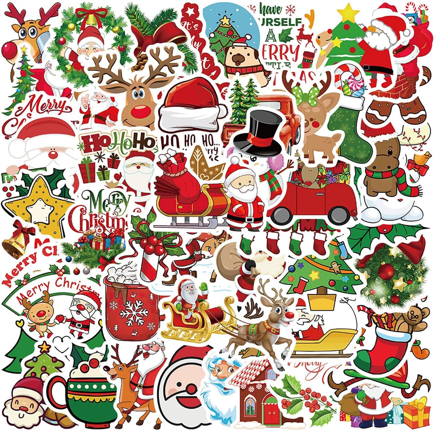 Cute Merry Christmas Stickers Vinyl Waterproof Holiday Party 50 Pcs Stickers Pack for Greeting Cards, Gift Tags, Laptop, Luggage, Water Bottle, Stationery, Window Christmas Decorations Xmas Stickers Gift for Kids Teens