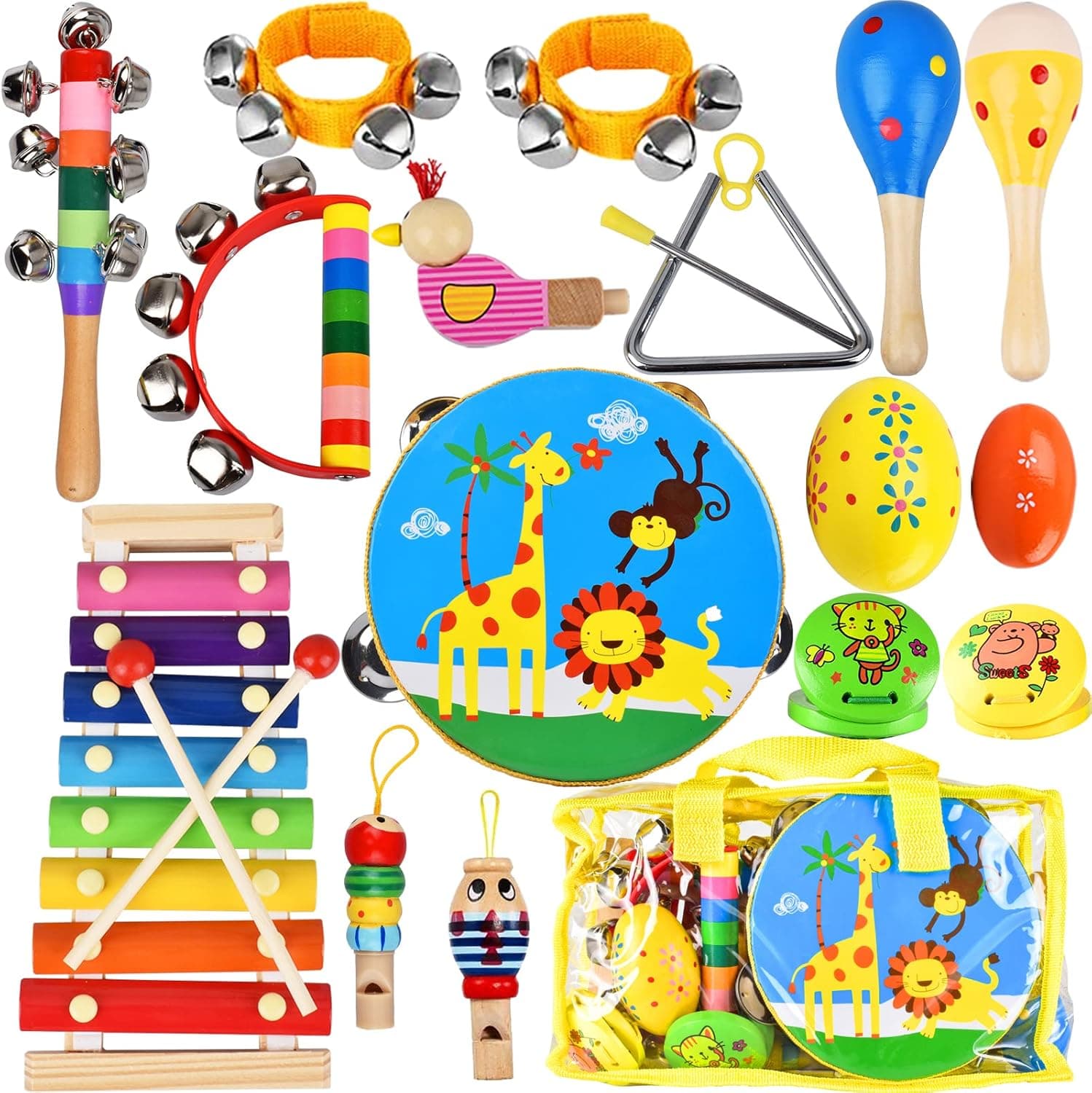 Kids Musical Instruments Set, 20 Pcs Wooden Shakers Percussion Instruments Tambourine Xylophone Toys, Child Early Learning Musical Toys for Boys and Girls Gifts Present with Carrying Bag