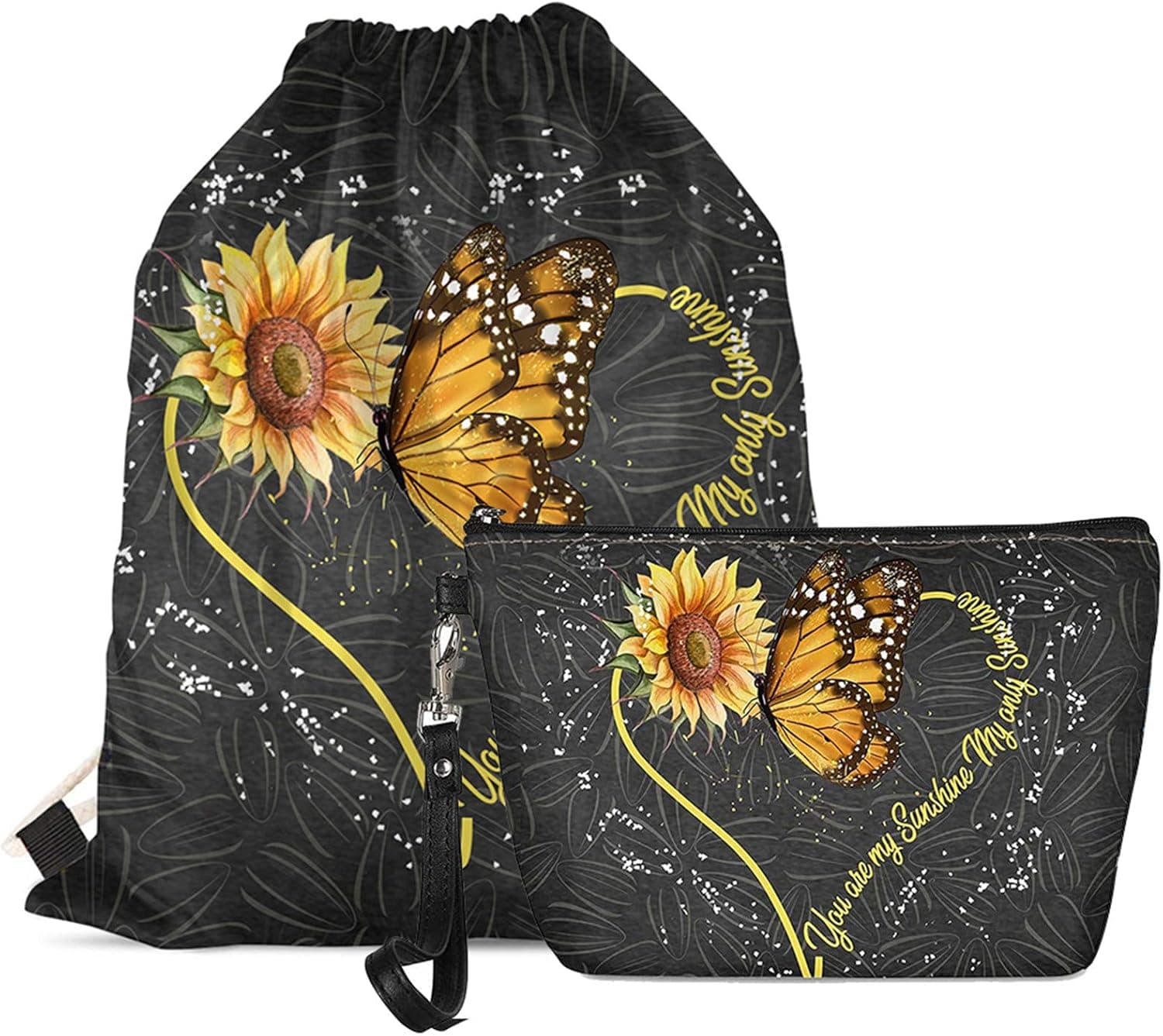 Qingeng Birthday Gifts for Daughters Friends Cosmetic Bags And Drawstring Bookbag You Are My Sunshine Sunflower Print Backpack Mini Make Up Bag