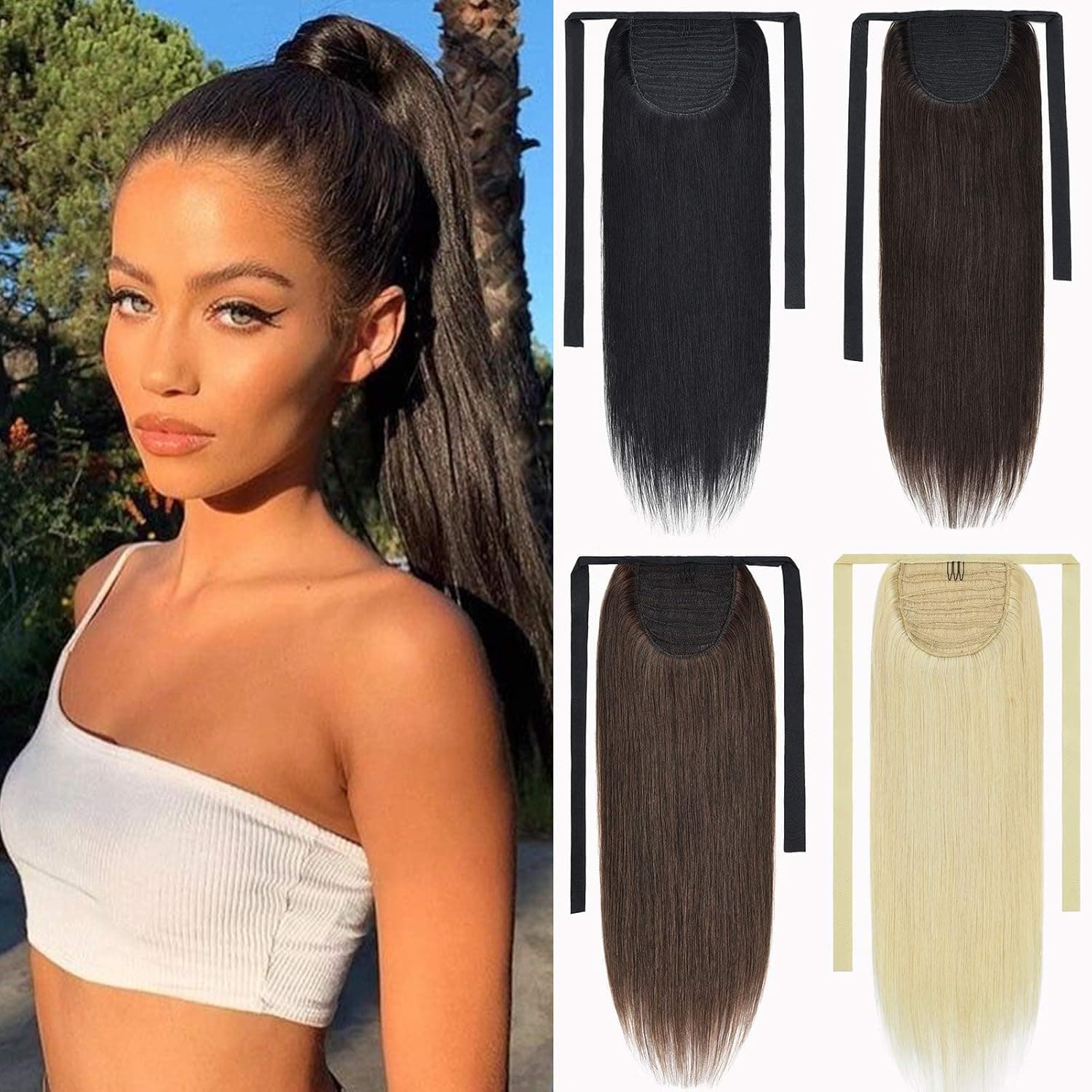 DILUSILK Ponytail Extension Straight Human Hair Ribbon Tie Up Ponytail for Women Long 14" 80g #2 Mocha Brown