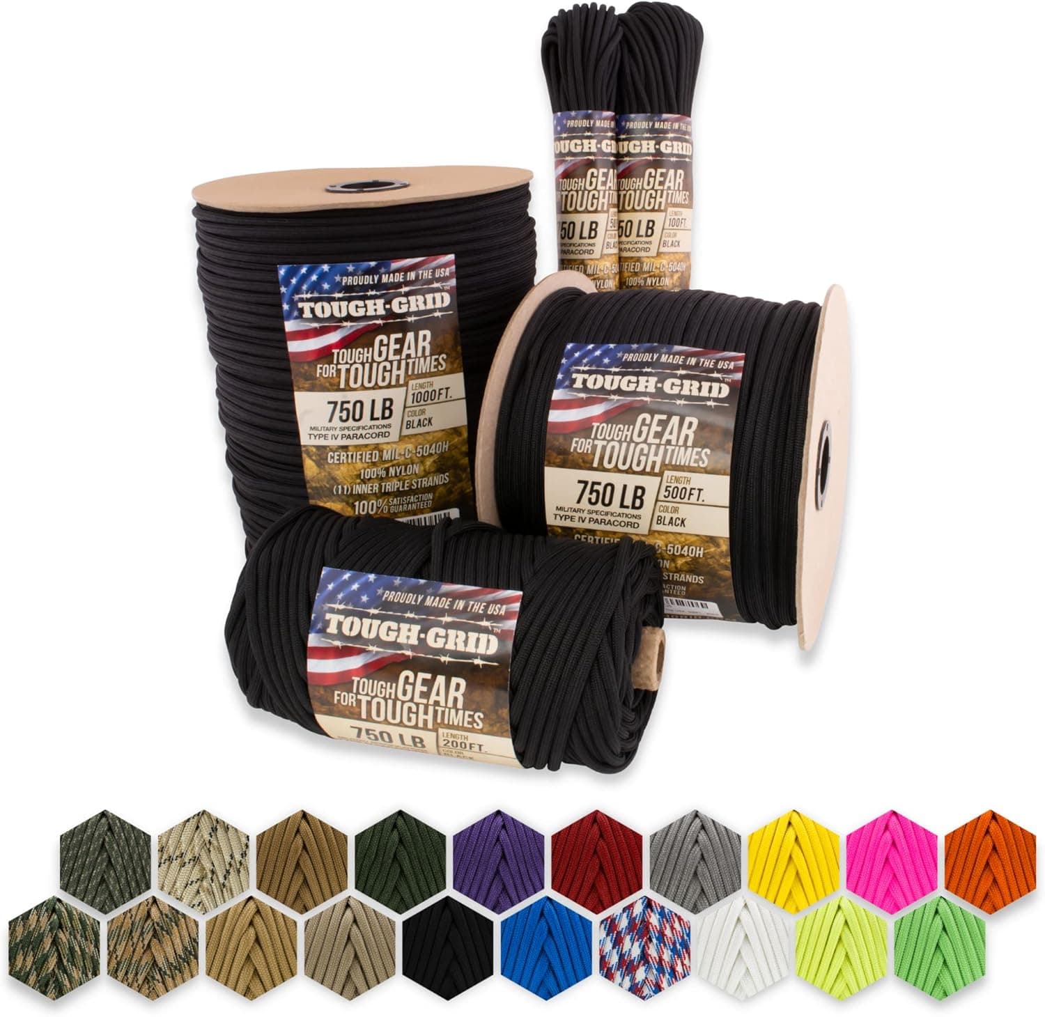 TOUGH-GRID Premium 750lb Paracord 100% Nylon Type IV Mil-Spec Parachute Cord - Certified MIL-C-5040H - UV/Abrasion Resistant - Heavy Duty Strands - Made in USA and Used by US Military