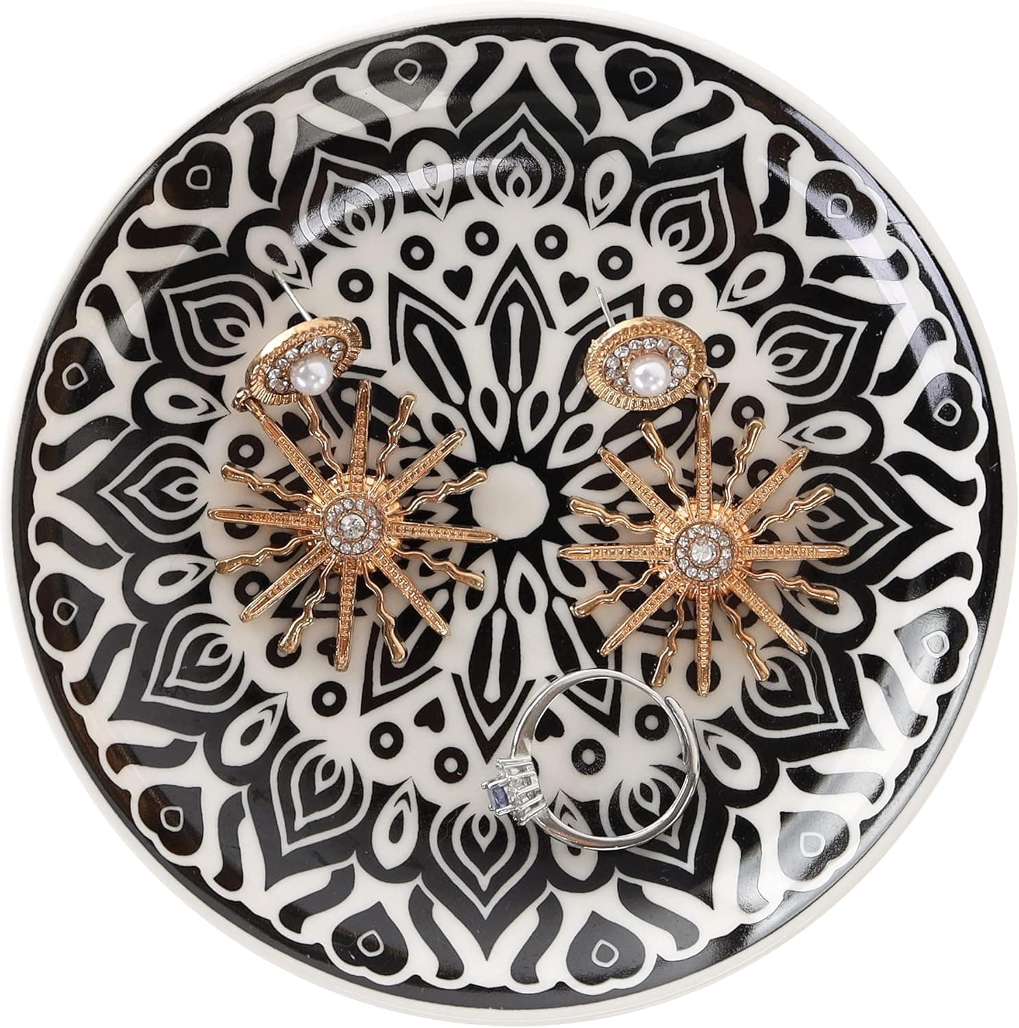 Ceramic Mandala Ring Dish,Boho Decorative Trinket Plate,Small Birthday Gifts for Women,Black
