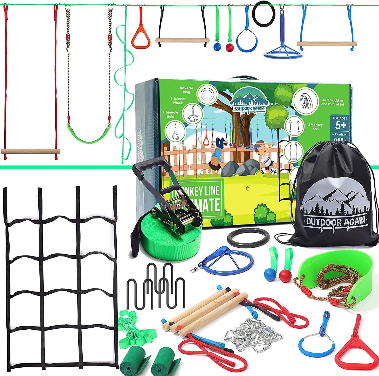 Outdoor Again Ninja Warrior Obstacle Course for Kids up to 880 Lbs - 2 x 65 ft - W/Bottom Slackline & 13 Obstacles | Weatherproof | Easily Setup on Trees or Posts | Ninja Course for Kids Outside