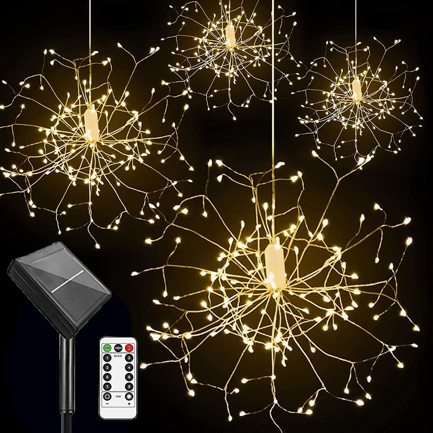 Solar String Light Outdoor 4pcs Firework Lights,AMZSTAR 480LED Solar Lights Copper Wire Starburst Light 8 Modes Fairy Hanging Light for Bedroom Party Indoor Outdoor Decoration (Warm)