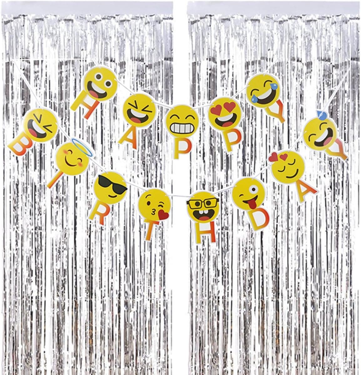 Ohlily 2PCS Metallic Tinsel Foil Fringe Curtains with Emoji Happy Birthday Banner for Birthday Party Photo Booth Backdrop Decoration Set