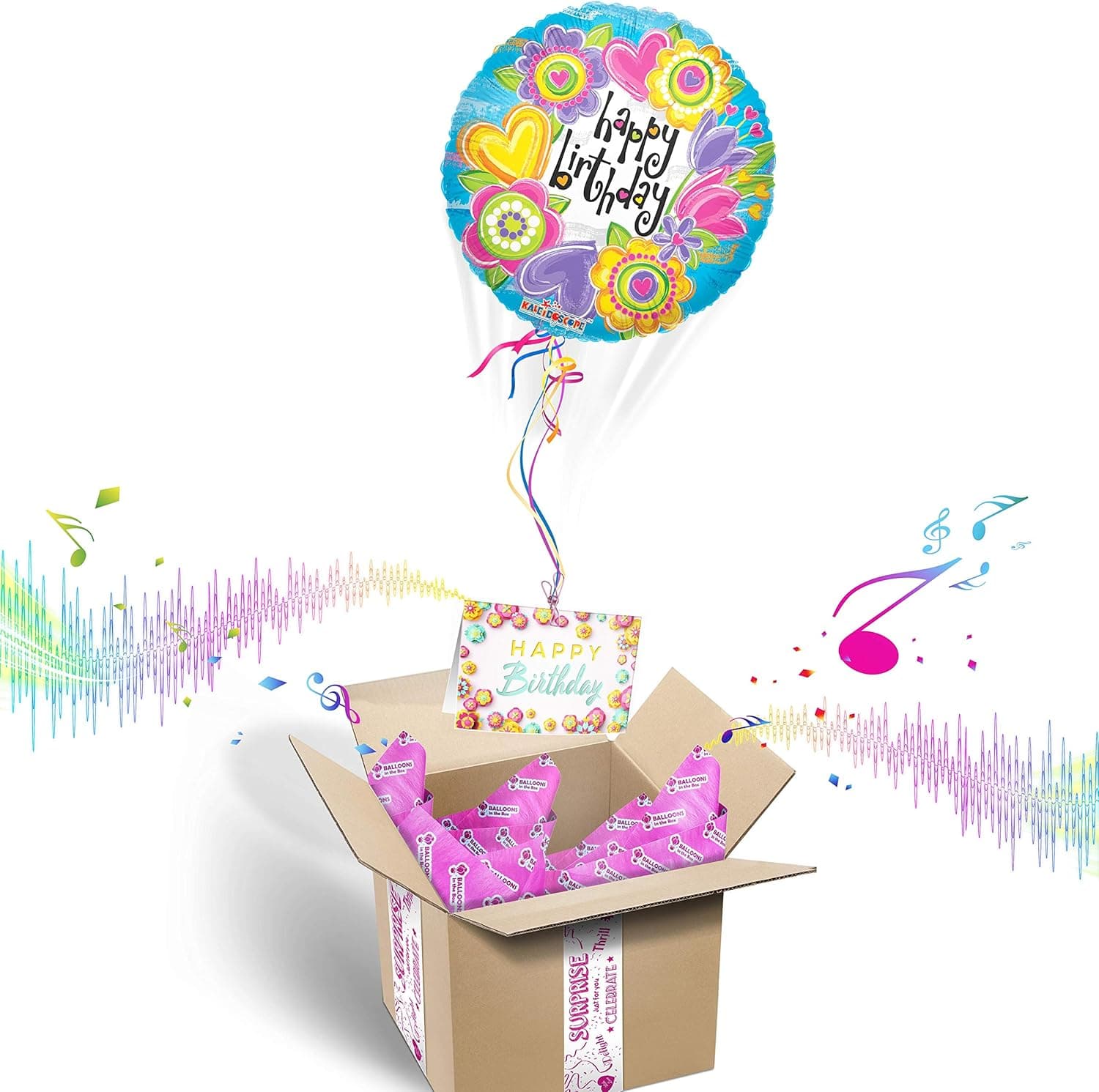 HAPPY BIRTHDAY INFLATED HELIUM BALLOON GIFT PACKAGE | Includes Coordinating Customizable Greeting Card | Pops out of the Box and Plays a Happy Birthday Jingle When Opened (Flowers)