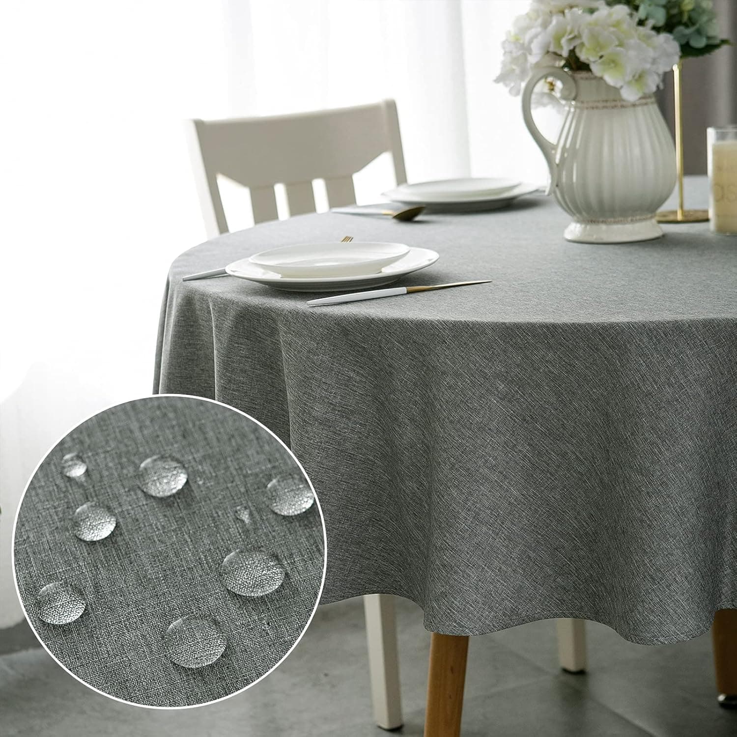 Qidordour Round Tablecloth,48 inch Faux Linen Table Cloth,Water Resistant Spill-Proof Wipeable Polyester Dining Table Cover for Kitchen Cafe Restaurant Buffet Party Tabletop Decoration,Grey