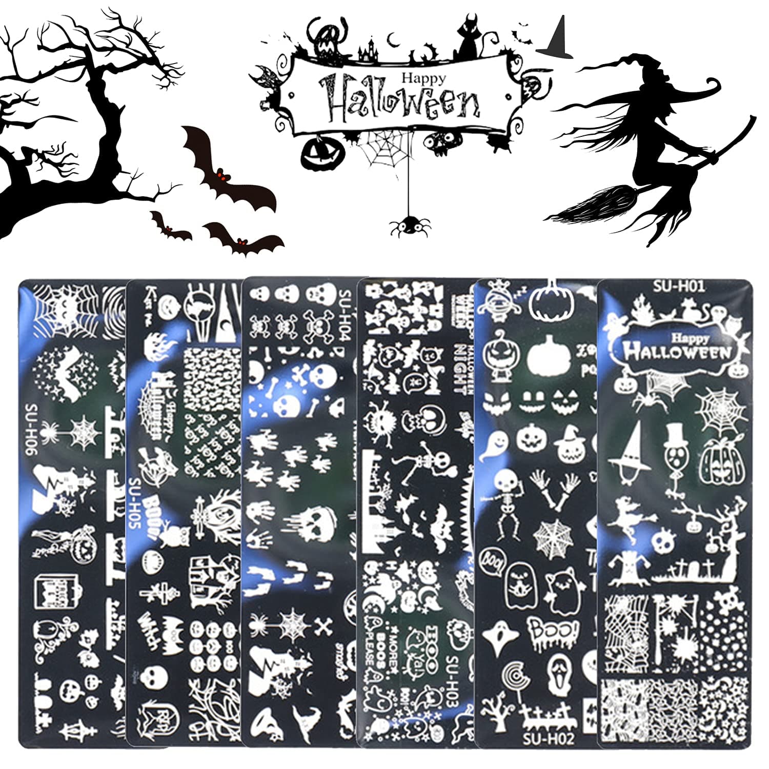 ANGNYA 6Pcs Halloween Nail Art Stamping Plates, Pumpkin Ghost Skull Bat Spider Nail Art Design Stainless Steel Plates Manicure Horror Stencils For DIY&Salon Stamp Decorations