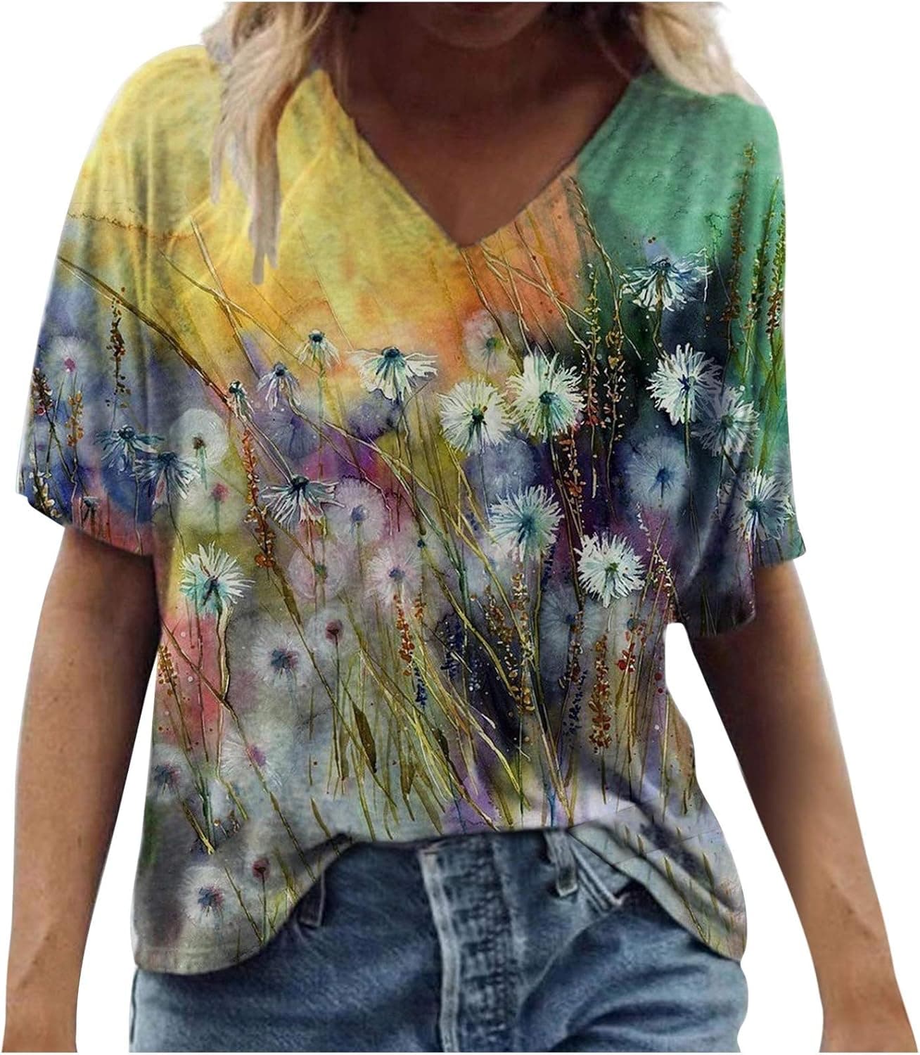 DESKABLY Cute Summer Tops for Women Plus Size Tops O-Neck Print Short Sleeve T-Shirt Tops Casual Loose Blouse Tops
