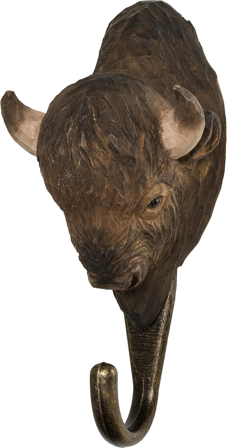 WILDLIFEGARDEN Hand-Carved Bison Hook, Sturdy Wood Wall Hook with Artisanal Life-Like Figurine, Easy-to-Install, Designed in Sweden