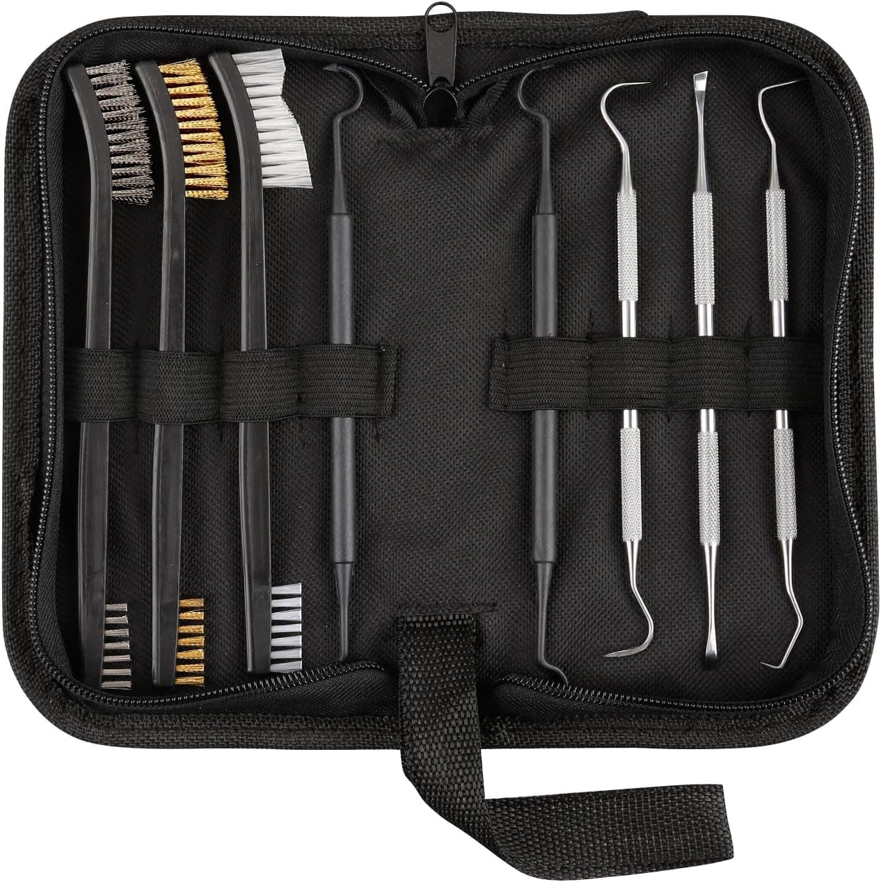 Tough Tactical Tools Gun Cleaning Set, Double Ended Nylon/Brass/Steel Gun Brush, 3 Steel Gun Picks and 2 Polymer Picks for Pistol, Rifle and Other Firearms