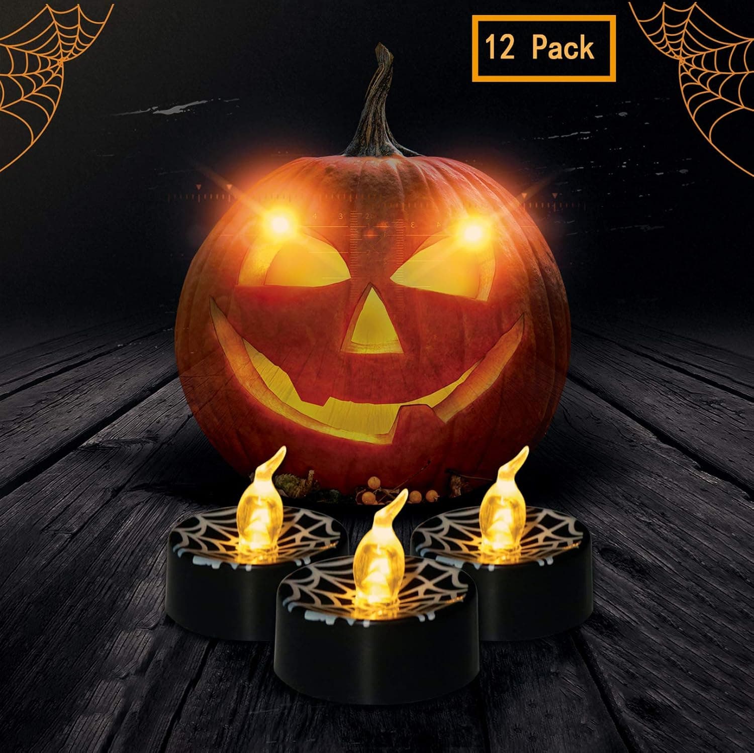 LedBack Halloween Decorations Candle Black Tea Lights 12 PCS Warm Yellow Flameless Flickering LED Battery Operated Candles Electric Light Candle Tea Lights for Party Home Decor Spider Web Design