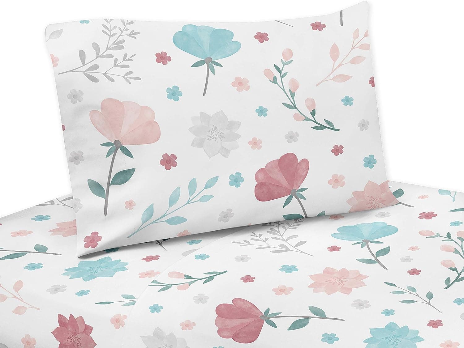 Pop Floral Pink and Blue Collection Twin Sheet Set