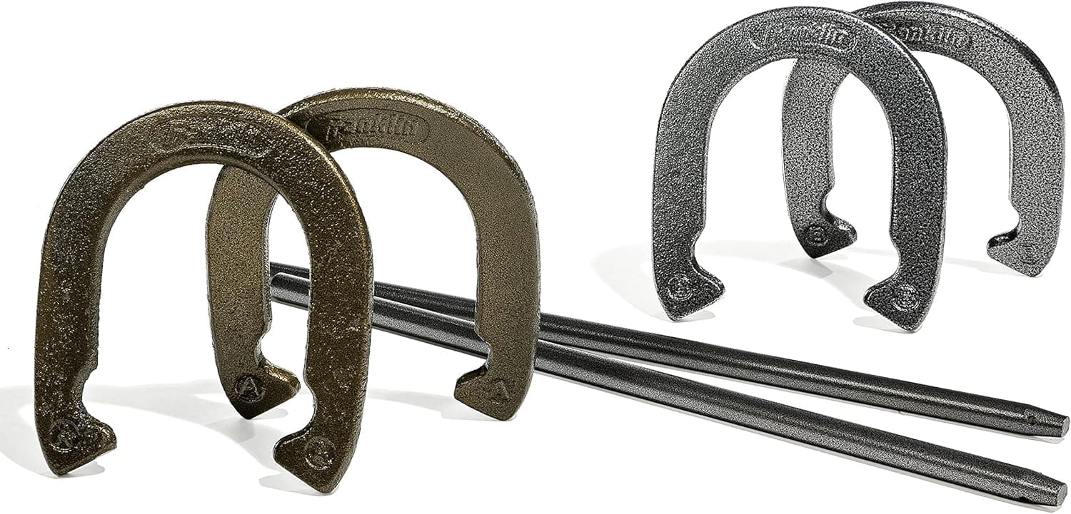 Franklin Sports Horseshoes Sets - Metal Horseshoe Game Sets for Adults + Kids - Official Weight Steel Horseshoes - Beach + Lawn Horseshoes Sets - Sets Include (4) Horseshoes and (2) Ground Stakes