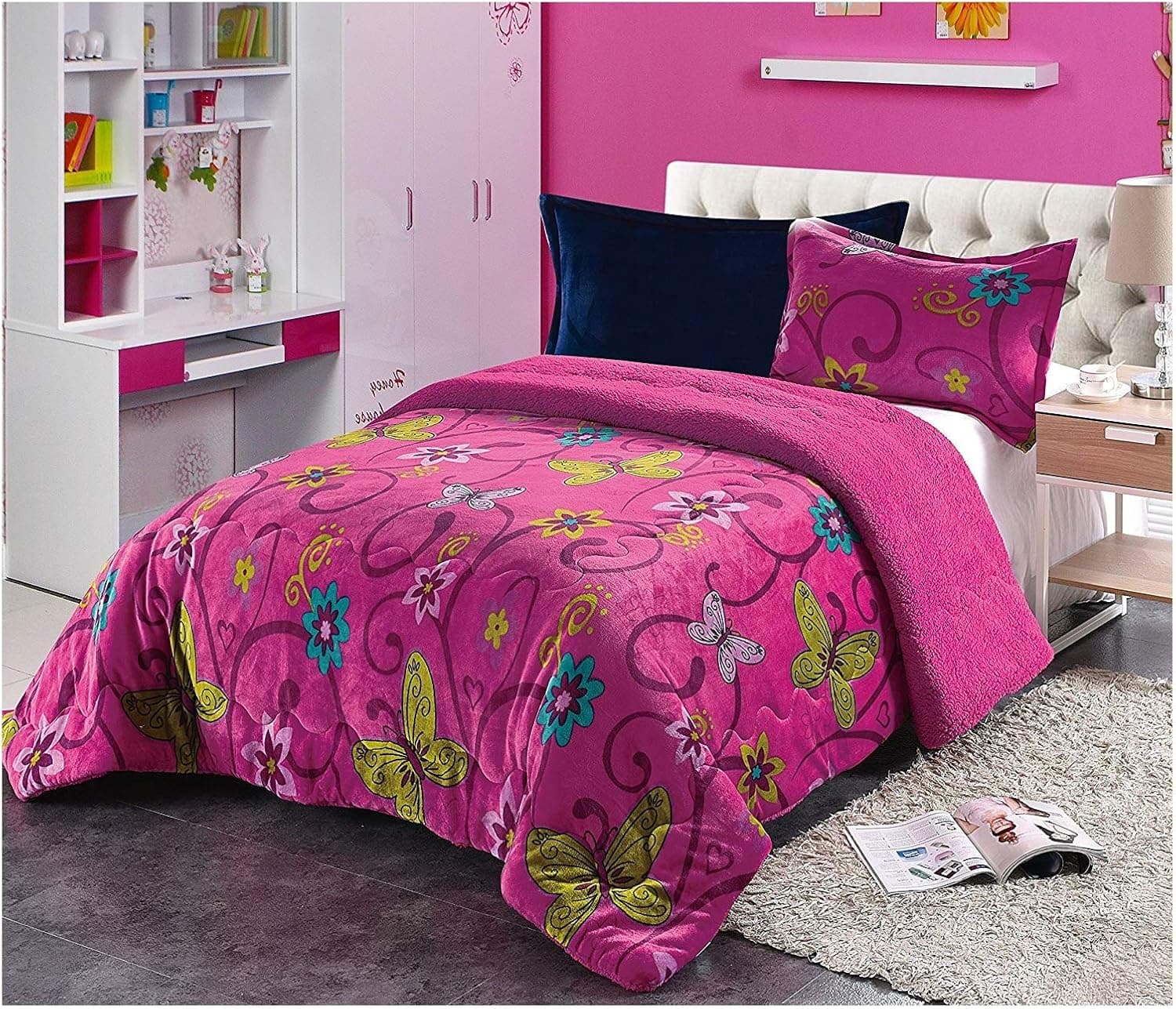 All American Collection New Super Soft and Warm 2 Piece Borrego/Sherpa Blanket Twin Size (Pink Hearts)