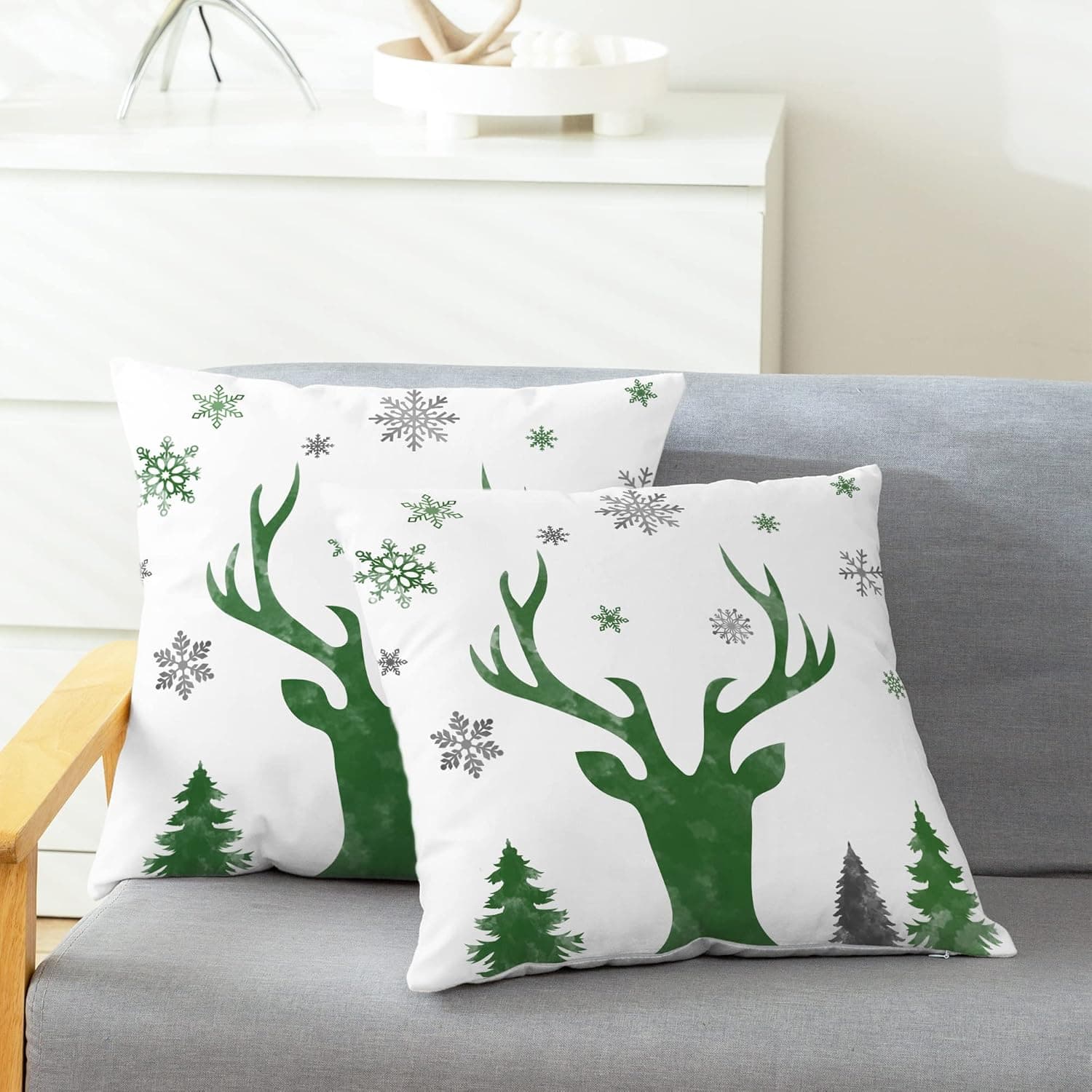 CaliTime Throw Pillow Cases Pack of 2 Cozy Watercolor Christmas Snowflakes Reindeer Tree Decorative Cushion Covers for Couch Bed Sofa Farmhouse Decoration 16 X 16 Inches Christmas Green
