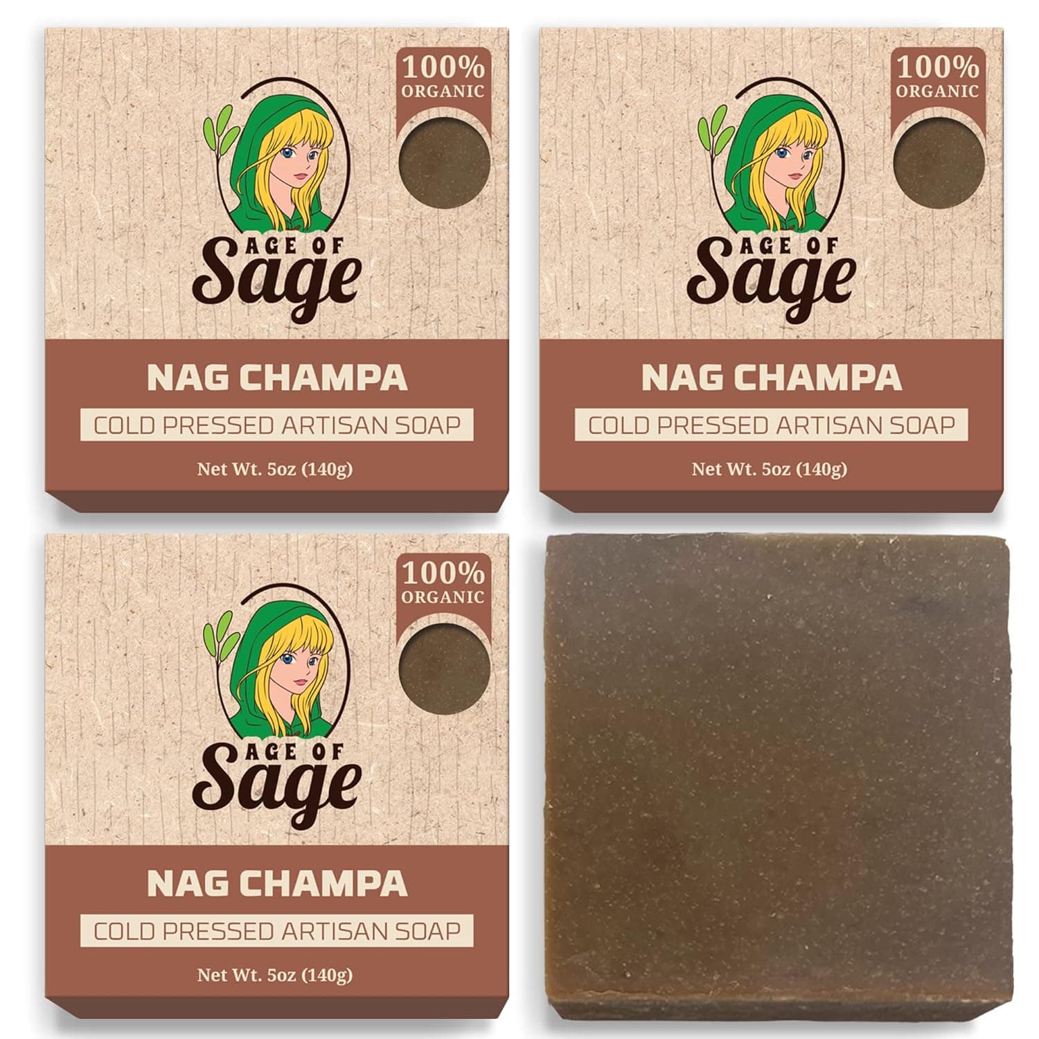 Age of Sage Natural Bar Soap Gift Set for Men - Vegan Bath Handmade Cold Process Artisan Soap with Essential Oil, Aromatic All Moisturizing Wash Soaps, Fragrant Nag Champa Scent (4 Pack)