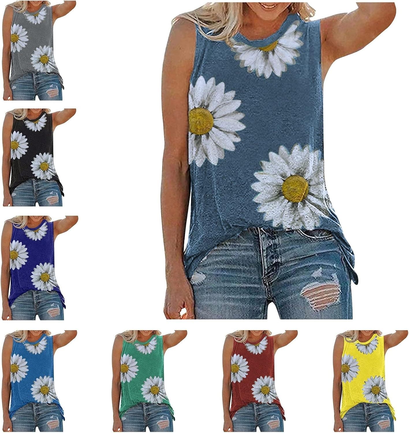 COMVALUE Tank Tops for Women Loose Fit, Womens Summer Tops Casual Loose Fit Plus Size Sunflower Printed Tee Shirts