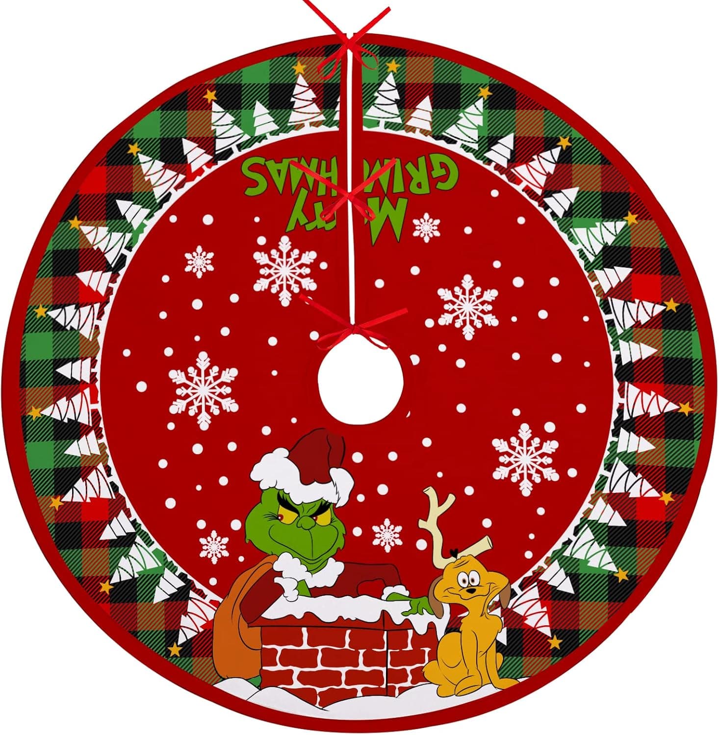 Fzbali Merry Christmas Tree Skirt 60 inches Large Lace-up Red Green Buffalo Plaid Check, Xmas Max Snowflakes Dog Rustic Home Decorations New Year Holiday Party Farmhouse Decor