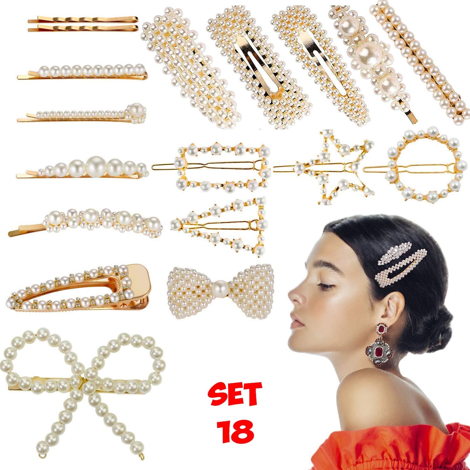 Pearl hair clips for women girls - 18 pcs large bows/clips/ties pins hair decorative pearl alligator clips gold fashion styles for birthday valentines wedding day gifts