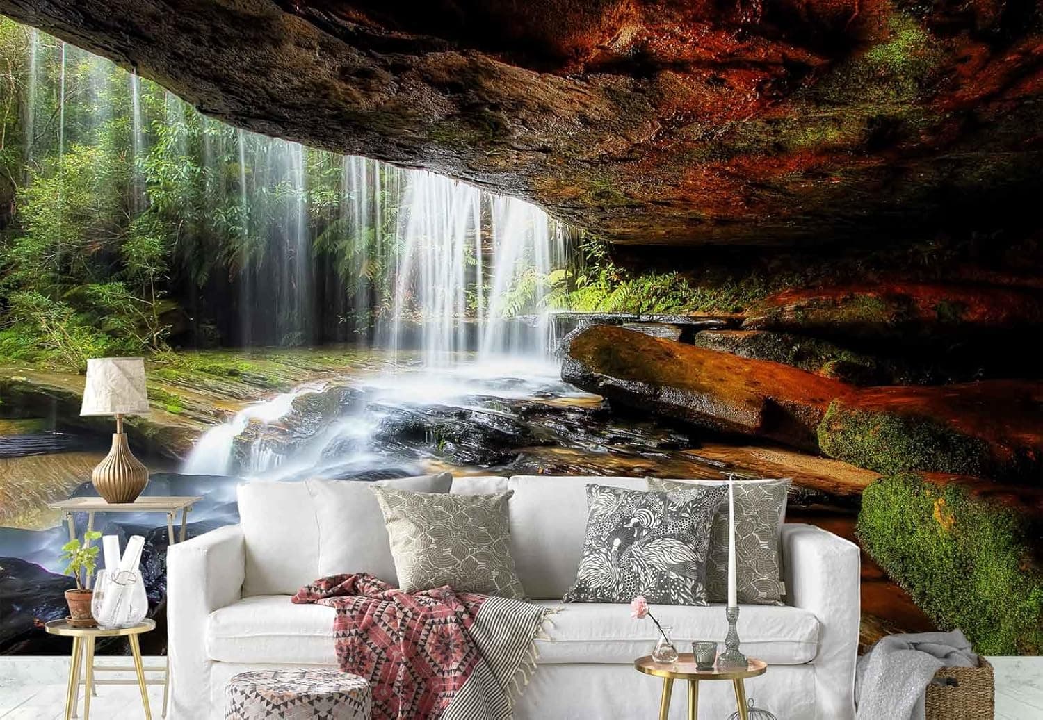 Photo Wallpaper Wall Mural - Woods Cave Moss Waterfall - Theme Waterfalls - XL - 12ft x 8ft 4in (WxH) - 4 Pieces - Printed on 130gsm Non-Woven Paper - 1X-43827V8