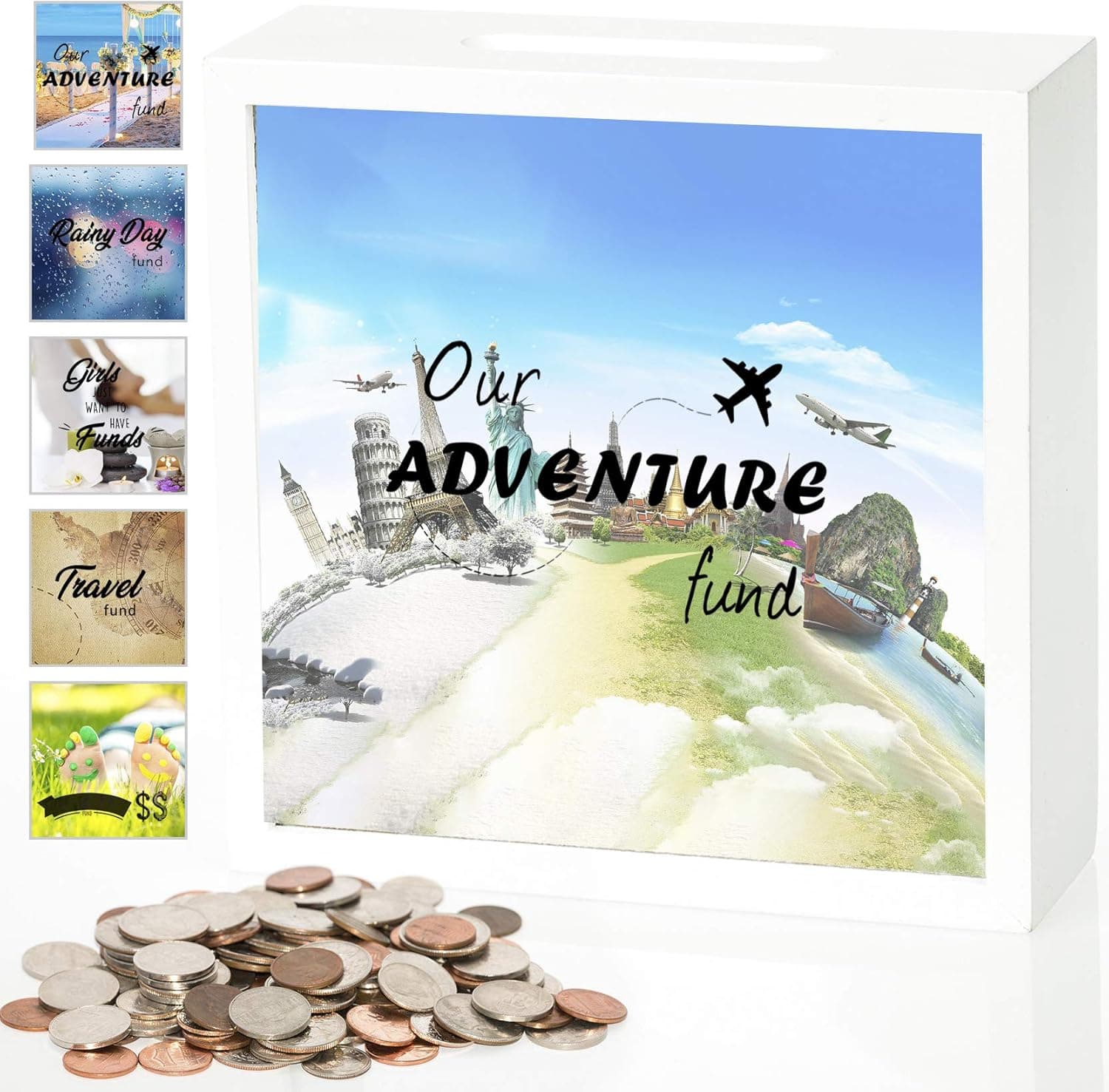Adult Piggy Bank - Our Adventure Fund Coin and Bills Money Saving Bank. 6x6 Shadow Frame Box in White and Natural Colors, with 6 Free Photos and Reusable Phrases, Travel, Rainy Day, Wedding (White)