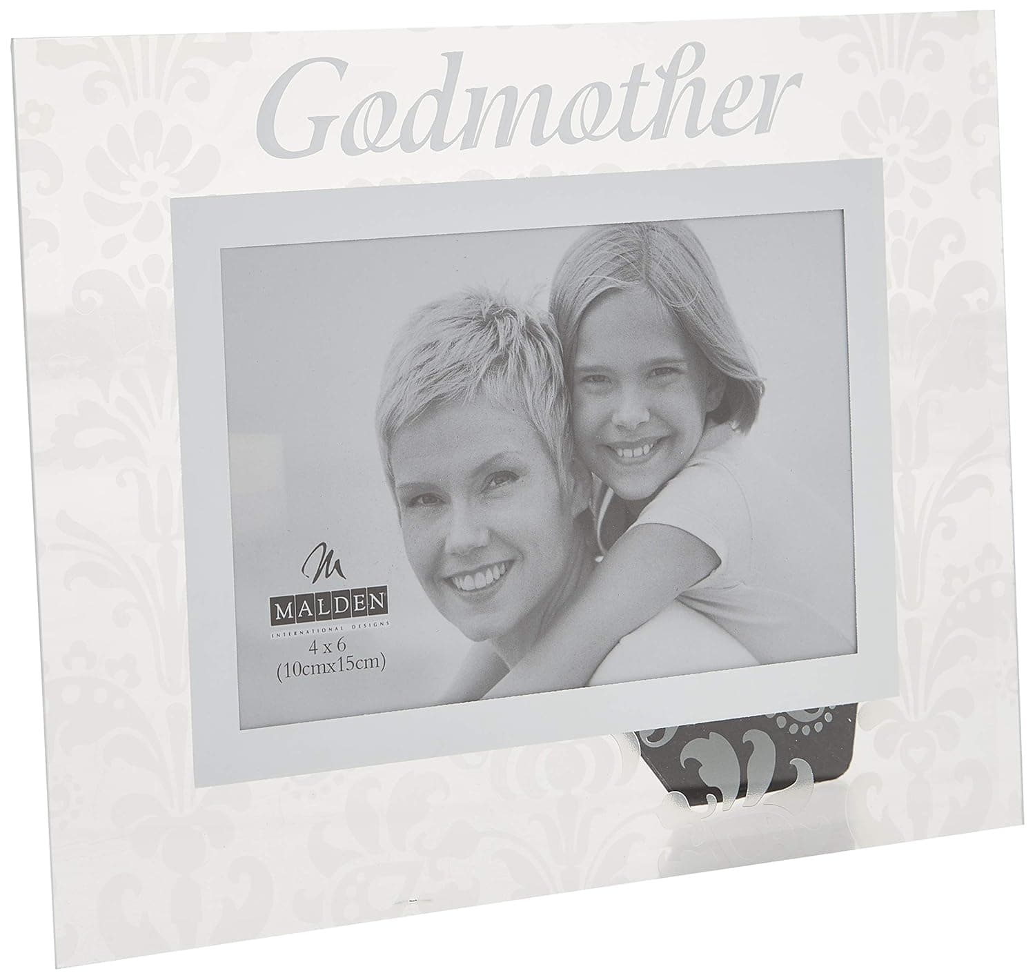 Malden International Designs Mirrored Glass With Mirrored Inner Border Godmother Picture Frame, 4x6, White