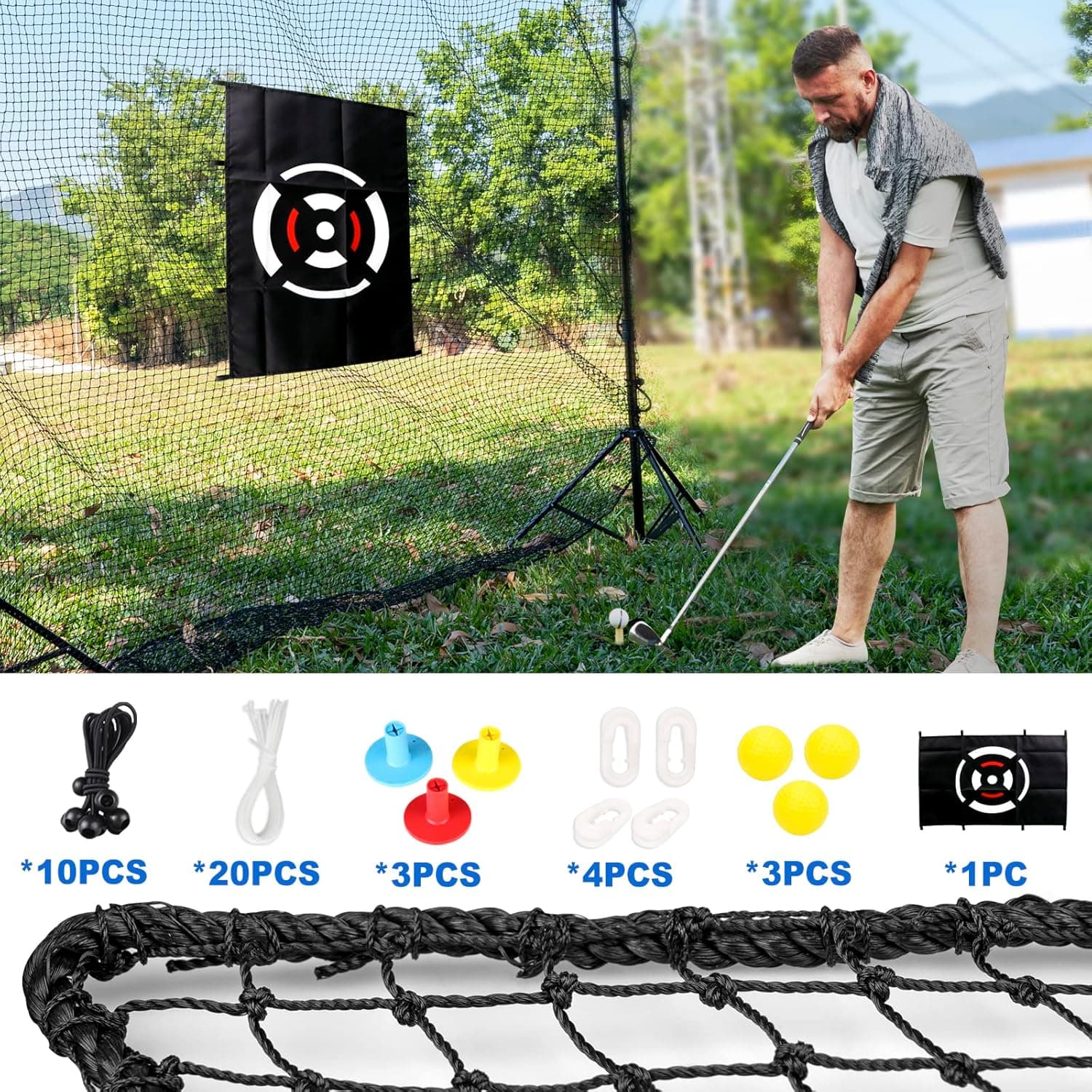 LZFAN Golf Net, Golf Nets for Backyard Driving Indoor Use Garage, Golf Practice Net, Heavy Duty Golf Hitting Net, Golf Training Net with 1 Target / 3 Golf Balls / 3 Golf Tees / 20 Zip Ties / 4 Hook / 10 Elastic Rope