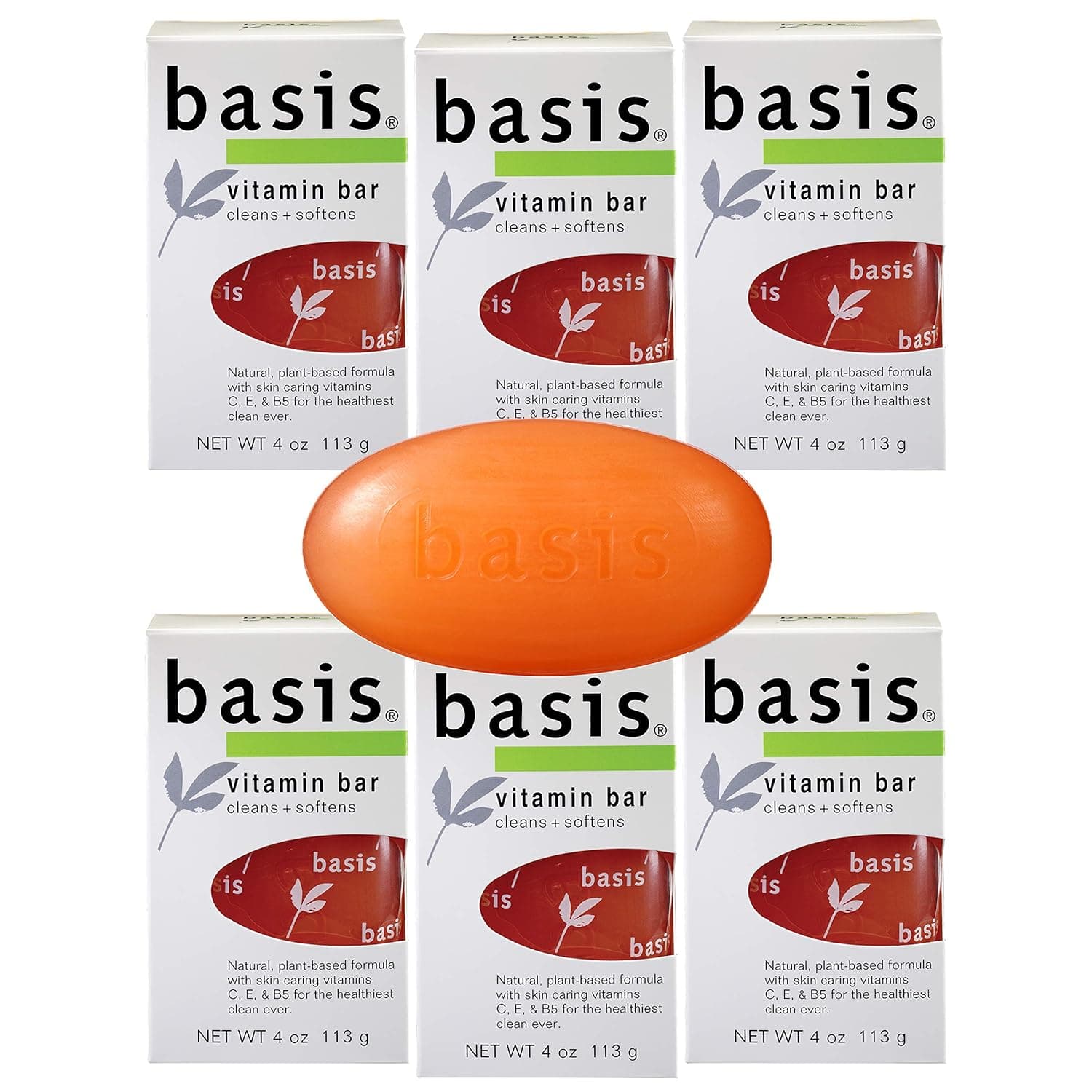 Basis Vitamin Bar Soap - Cleans and Softens with Vitamin C, E, and B5 – Use for Body Wash or Hand Soap – Pack of 6 Bars