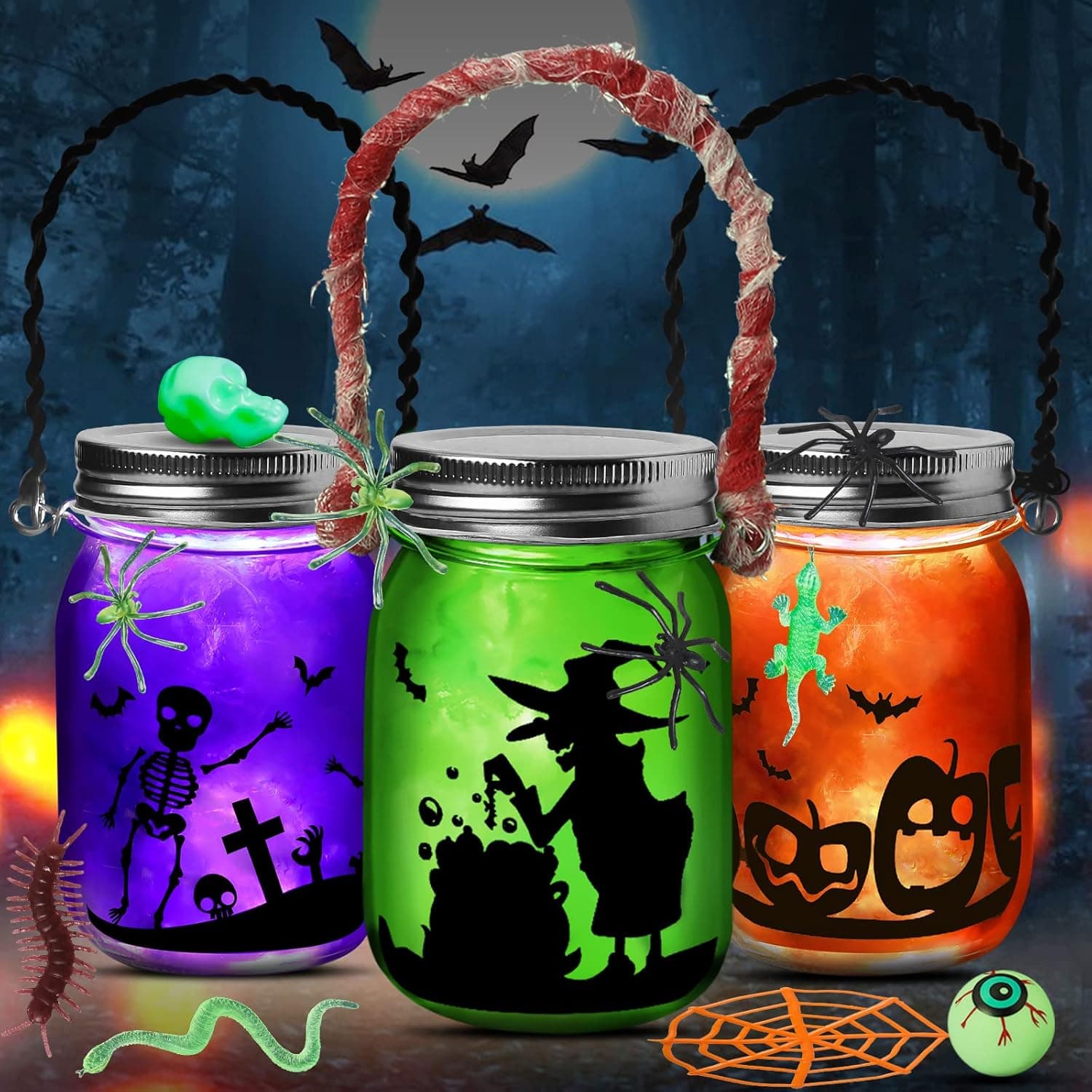ShyLizard 3Pack Halloween Lantern Craft Kit, Halloween Mason Jar with accessories, Halloween DIY Arts and Crafts Kits for Kids 3 4 5 6 7 8 9 10 Years Old, Halloween Craft and Art Party Supplies