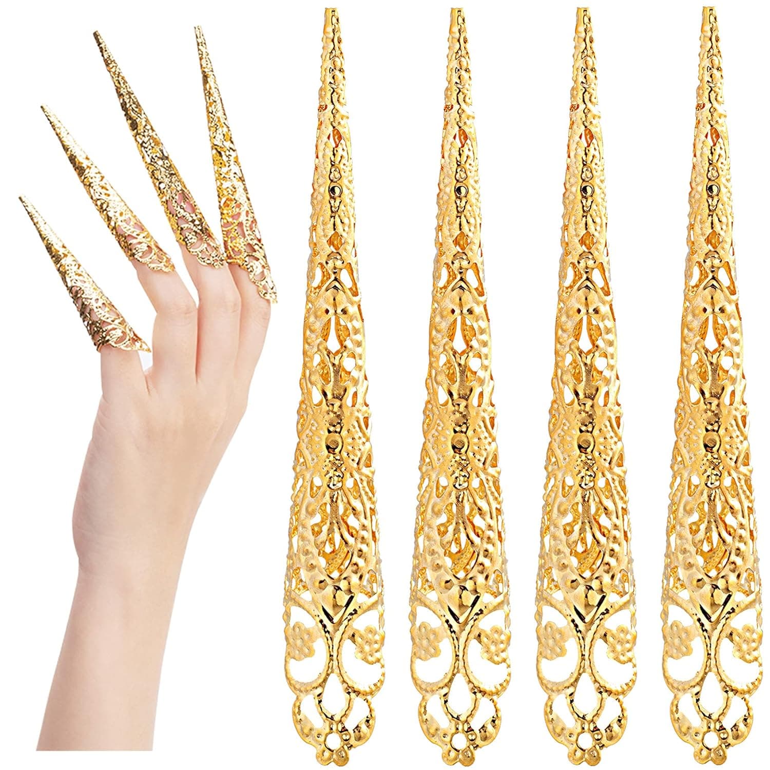 ANCIRS 10 Pack Finger Nail Tip Claw Rings, Ancient Queen Costume Fingertip Claw Nail Rings Decoration Accessory, Finger Knuckle Protectors for Halloween Cosplay Drama Dance Show- Golden Color