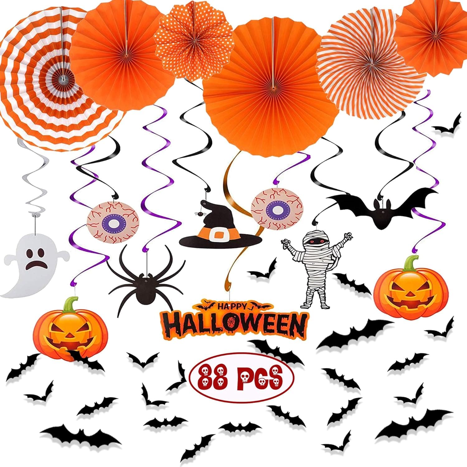 Happy Storm 88 PCS Halloween Hanging Decorations Set Halloween Party Swirl Ceiling Hanging Paper Fans 3D Bats Wall Window Decals Stickers for Home Indoor Halloween Decor Kit