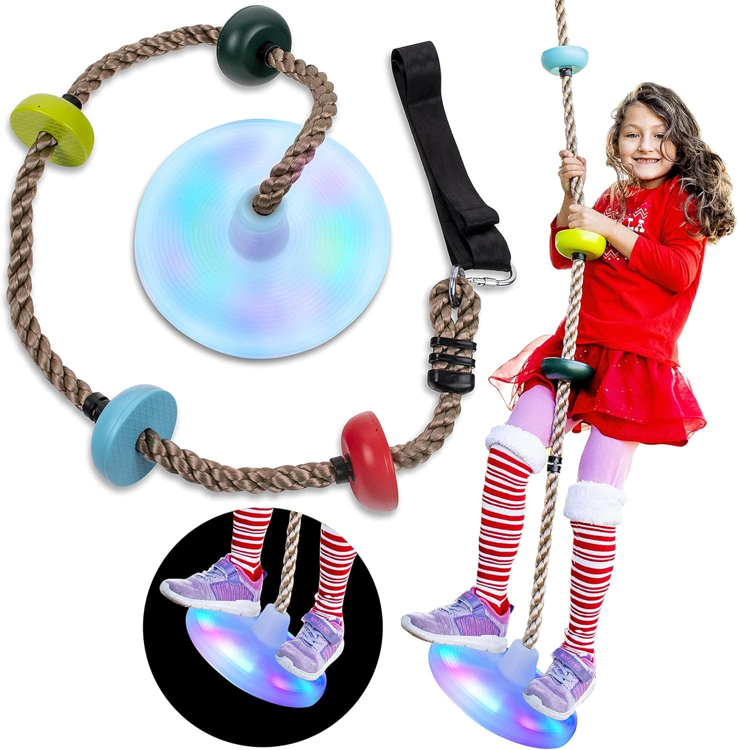 Playgoz LED Disc Swing Seat Climbing Rope with Platforms - Fun Circle Swing for Family and Friends - Reliable and Secure Outdoor Round Swing - Backyard Tree Swing Accessories