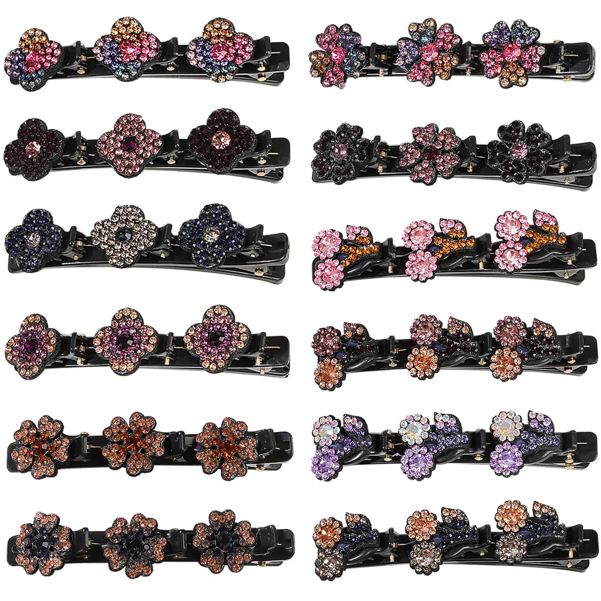 12PCS Sparkling Crystal Stone Braided Hair Clips, Four-Leaf Clover/Flower/Cherry Hairpin for Hair Manage, Double-layered Duckbill Clip with 3 Small Hair Clips, Hair Clips Hair Accesoeries for Women