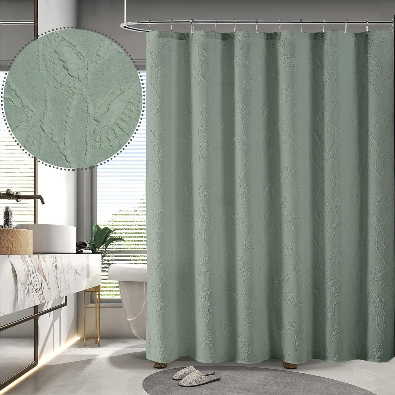 Chyhomenyc Bathroom Shower Curtain, 3D Embossed Textured Leaf Pattern Bathroom Curtain, Sage Green Premium Fabric Shower Curtain, Luxury Modern Hotel Style Shower Curtain, 72" W x 72" L
