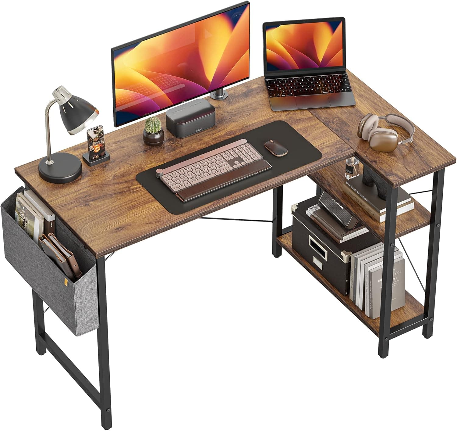 CubiCubi 47 Inch Small L Shaped Computer Desk with Storage Shelves Home Office Corner Desk Study Writing Table, Deep Brown
