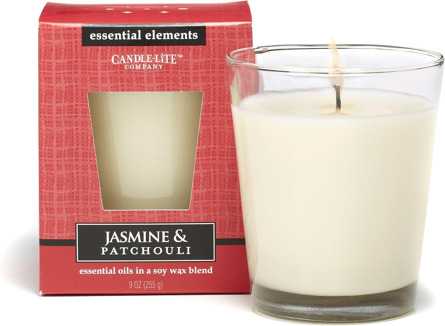 CANDLE-LITE Essential Elements 9-Ounce Boxed Jar Candle with Soy Wax, Jasmine and Patchouli