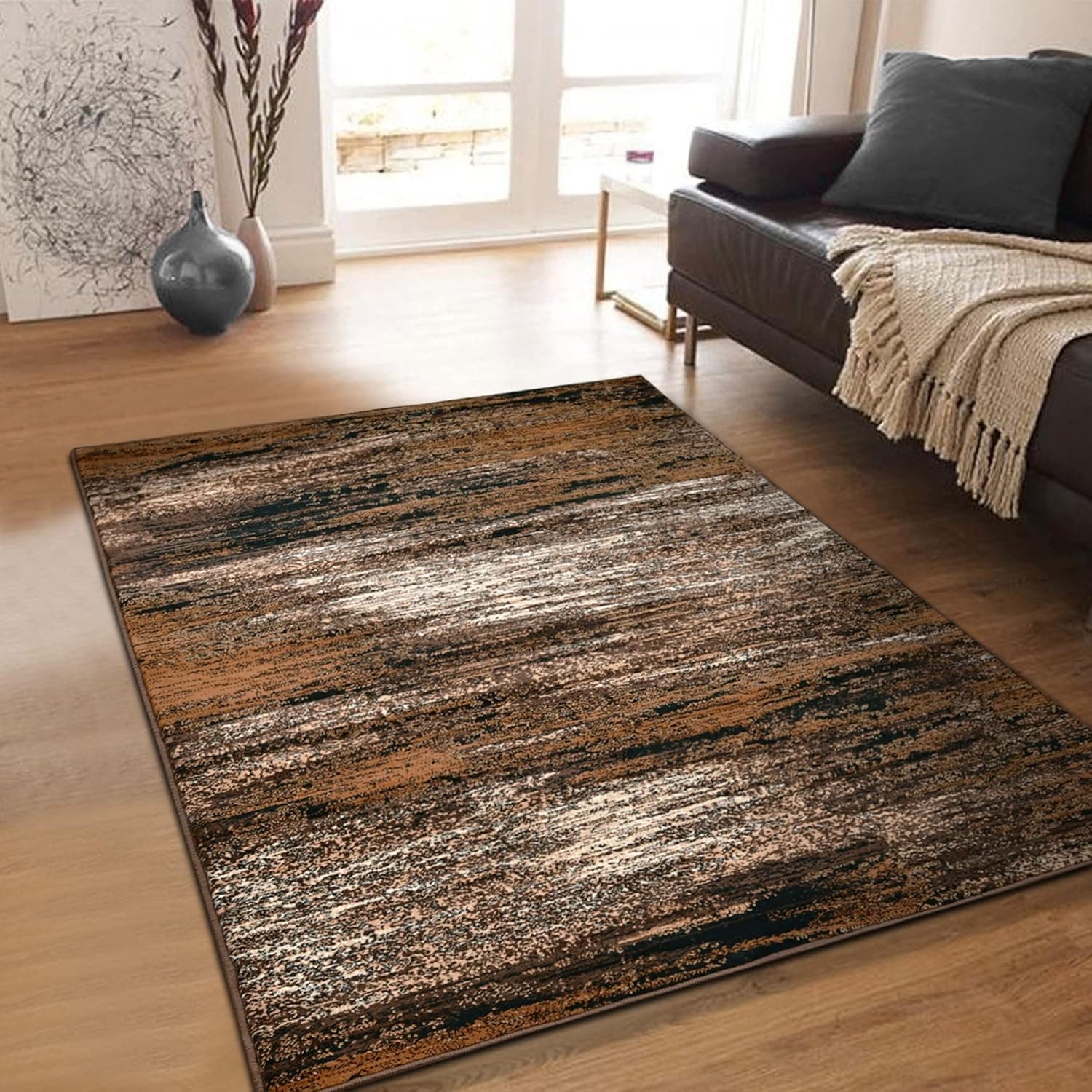 Allstar 8x10 Chocolate Modern and Contemporary Rectangular Accent Rug with Mocha and Ivory Abstract Brush Streak Design(7' 9" X 9' 8")