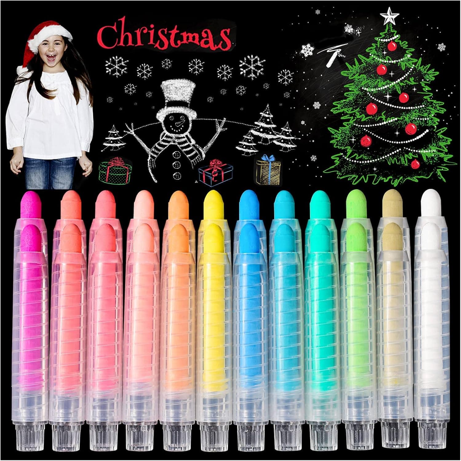 Sidewalk Chalk Set with Holder for Kids, 24Pcs Dust-free Washable Chalks in 12 Colors for Blackboard Drawing Writing Toys Gift Party Favors