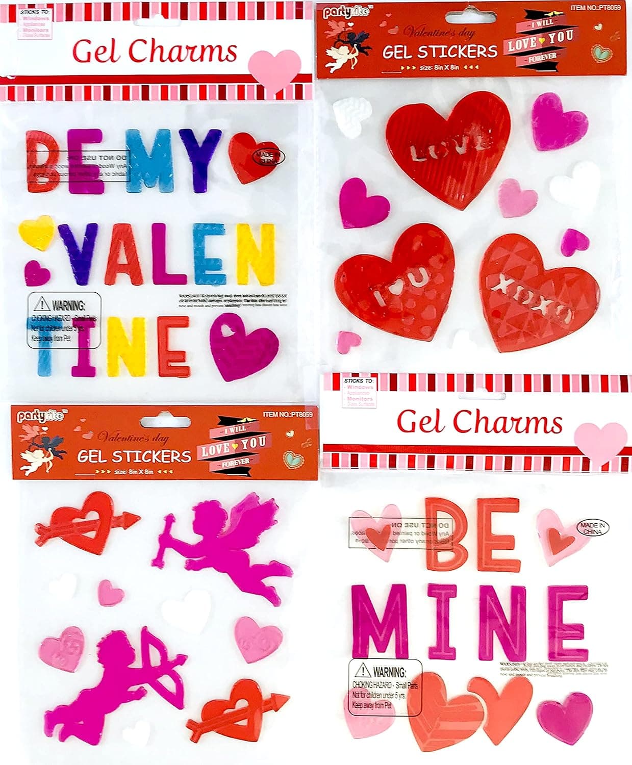 Valentine Red Pink Gel Clings: Glitter Textured Hearts, Cupid, Be Mine Decoration Pack for Home, Office, Business, Car, and More!