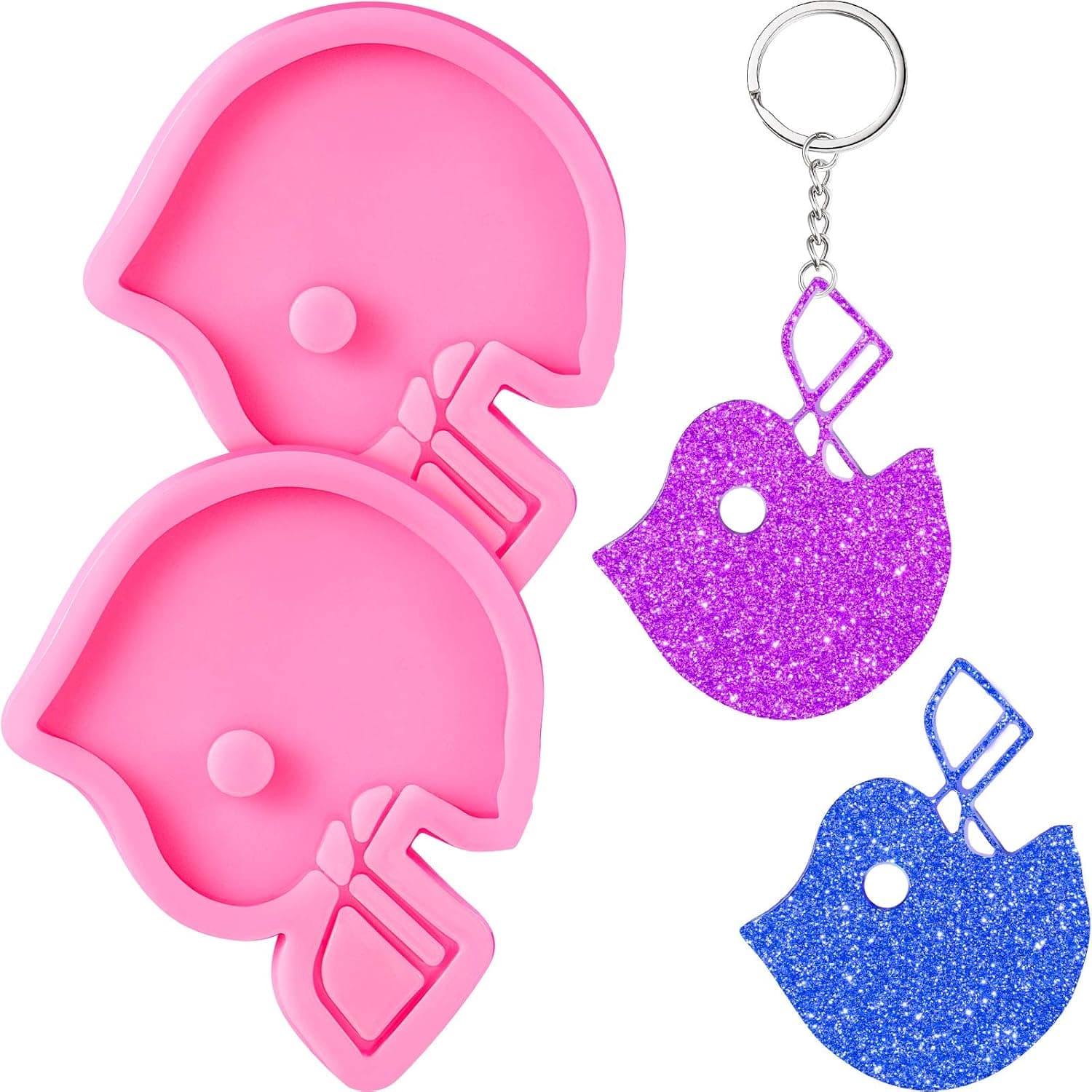 2 Pieces Football Helmets Keychains Silicone Molds Football Helmets Shaped Keychain Molds Chocolate Candy Molds Fondant Cake Molds and 20 Pieces Keyrings with Chain for DIY Baking Crafting Cake