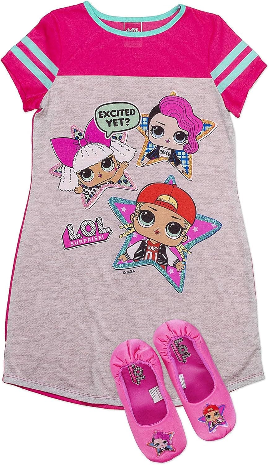 L.O.L Surprise! Pajama Set, Dorm PJs with Slippers, Rocker Diva and MC Swag,Pink, Girls size 10/12