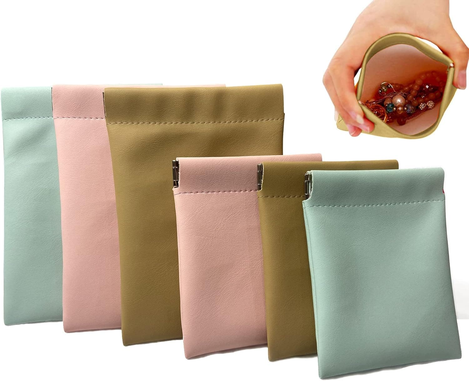muchly 6Pcs Soft PU Leather Jewelry Travel Bag- Pocket Cosmetic Bag- Portable Jewelry Organizer for Jewelry，Cosmetics, Headphones (3 colors)