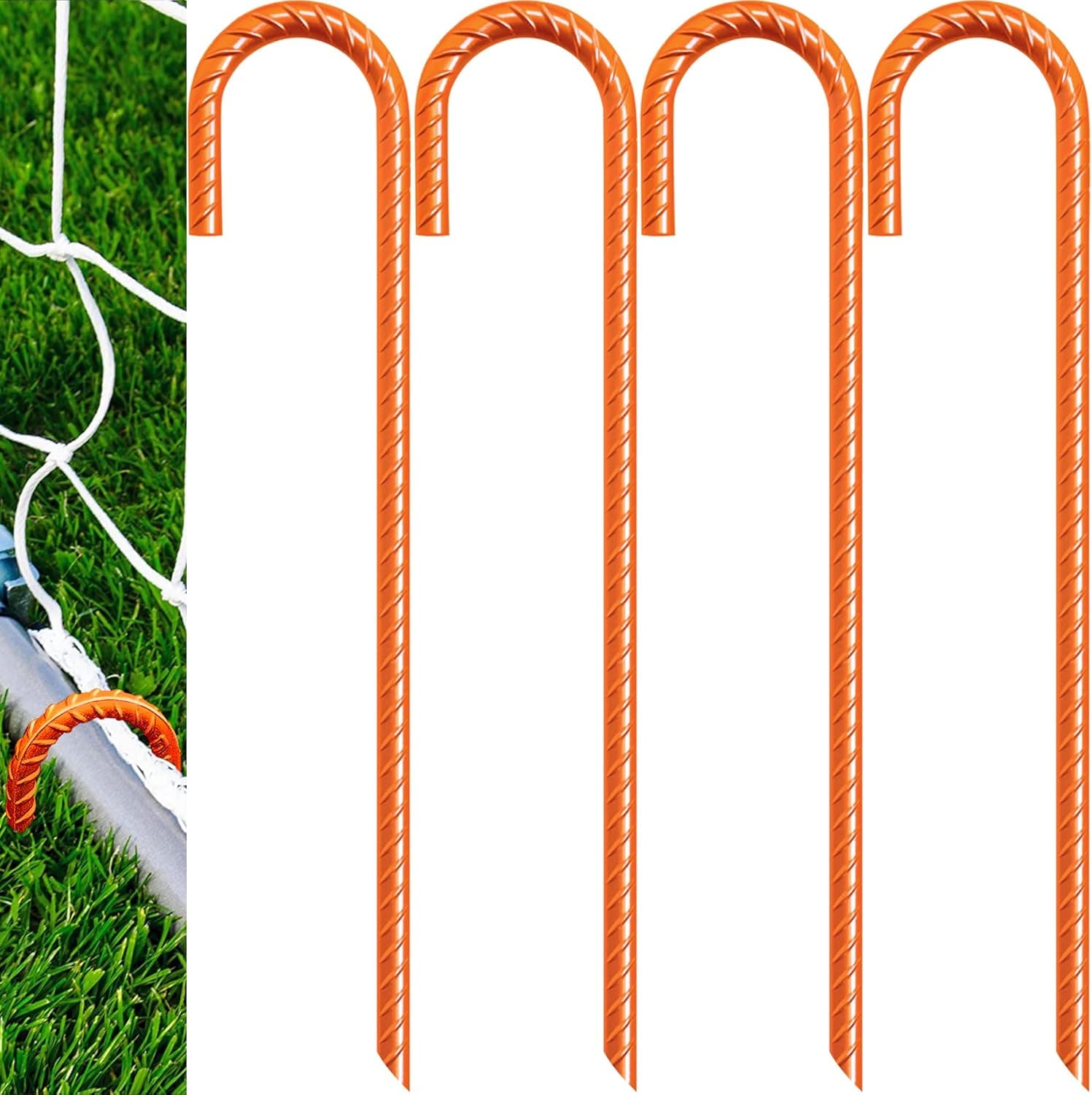 Eurmax USA 12 inch Galvanized Rebar Stakes for Canopy, Heavy Duty J Hook Tent Stakes Outdoor Camping Anchors Garden Fence Hooks Bounce House Stakes Trampoline Stakes, Pack of 4(Orange)