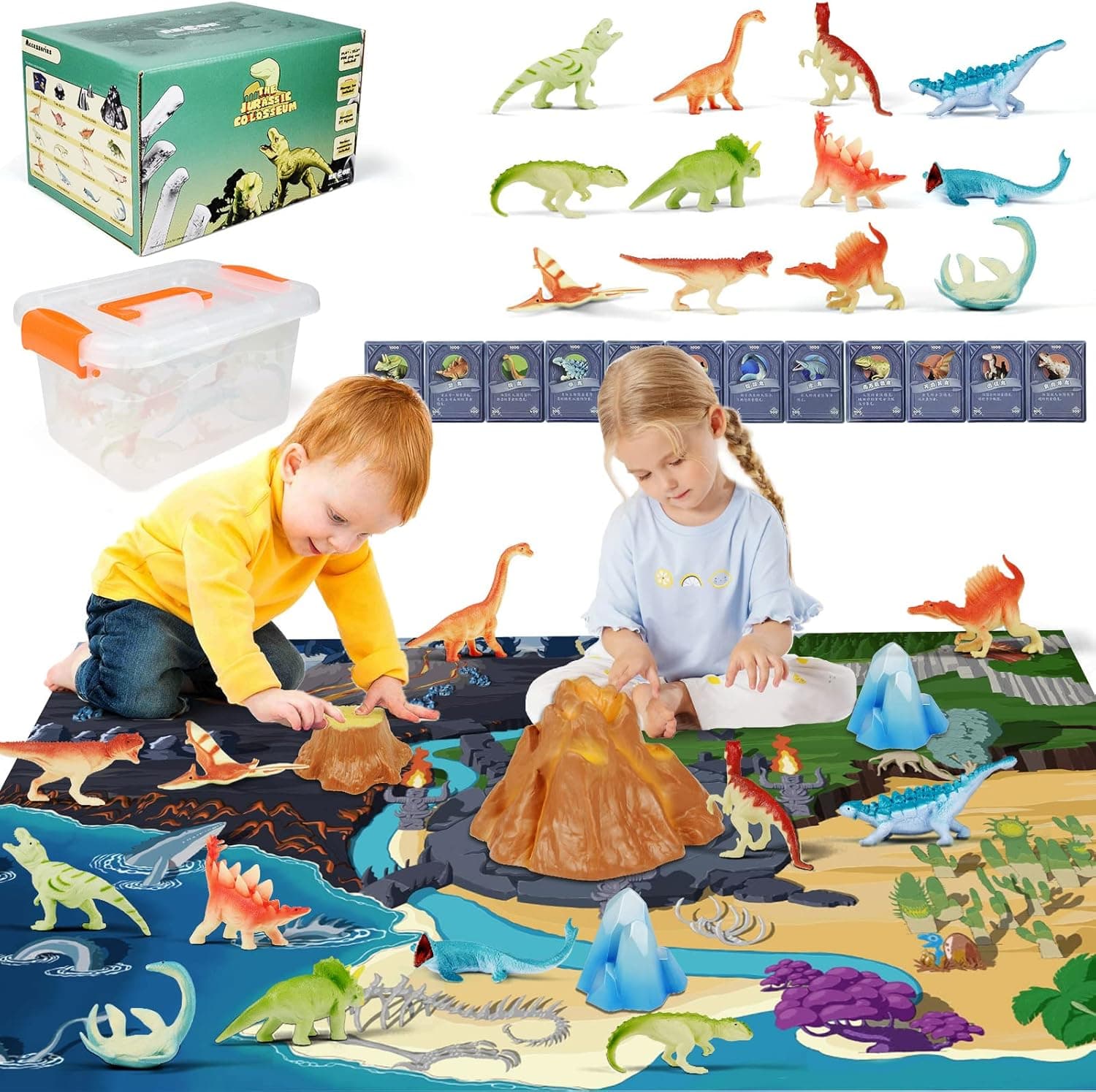 Dinosaurs Toys Set - 12pcs 3" Dino & Character Card & Map, Jurassic Colosseum Dinosaur Toy, Safe Odorless for Toddlers Party Supplies Favors, Educational Realistic Mini Dinosaur Figures Play-Set