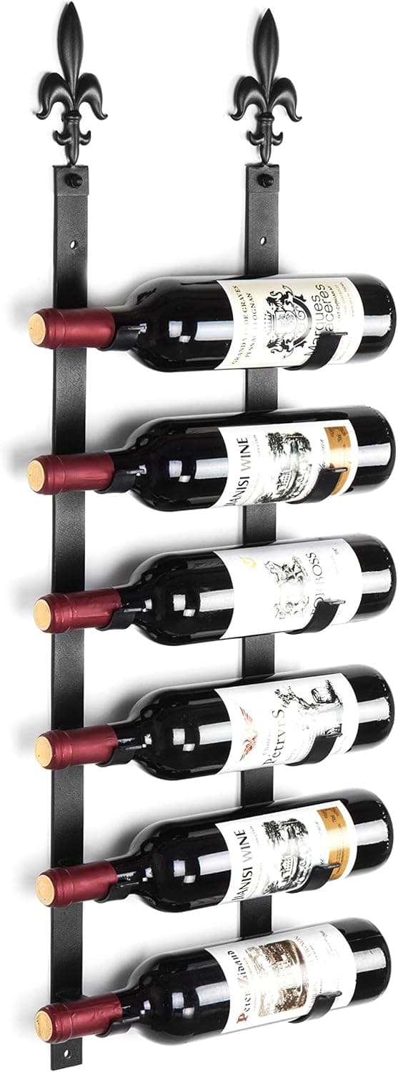 MyGift 6-Bottle Fleur-De-Lis Wall-Mounted Black Metal Wine Rack