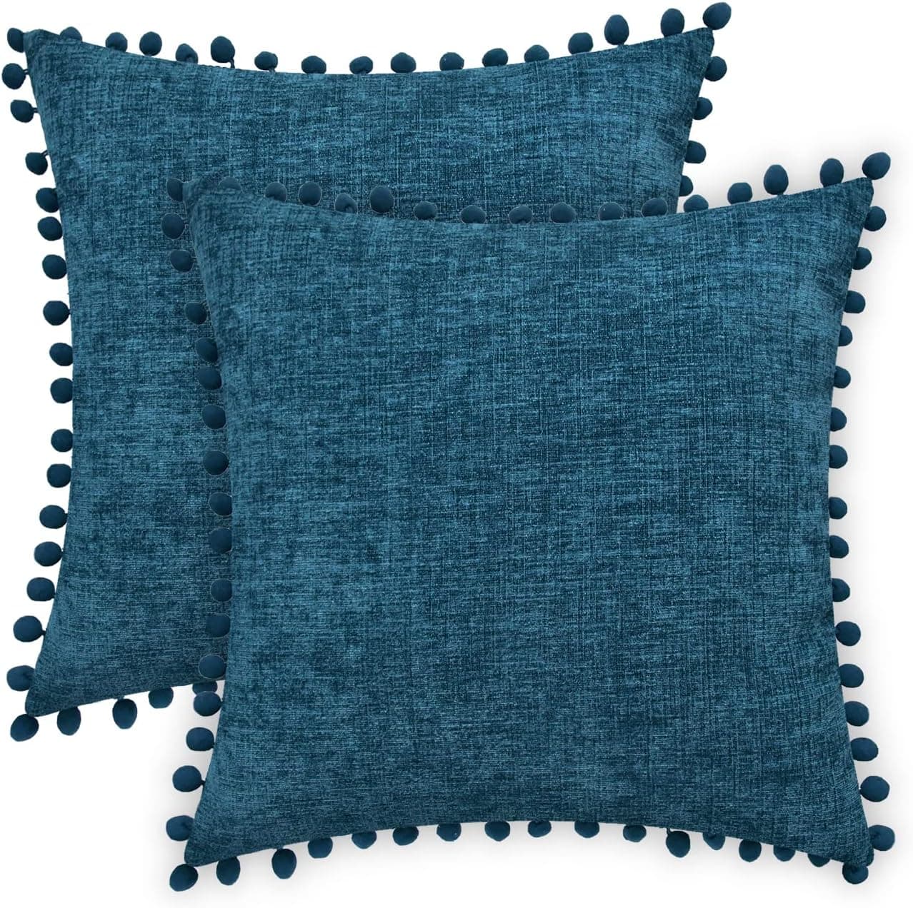 CaliTime Throw Pillow Cases Pack of 2 Cozy Solid Dyed Soft Chenille Cushion Covers with Pom Poms for Couch Sofa Home Decoration 18 X 18 Inches Ocean Blue