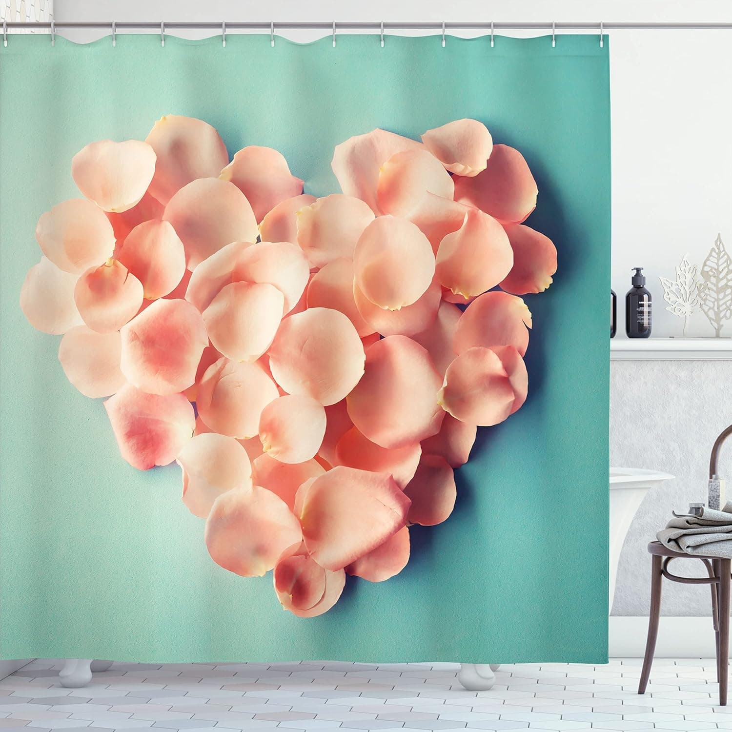Ambesonne Coral Shower Curtain, Heart Shaped Floral Petals Valentines Mothers and Wedding Day Still Life, Cloth Fabric Bathroom Decor Set with Hooks, 69" W x 75" L, Peach Mint