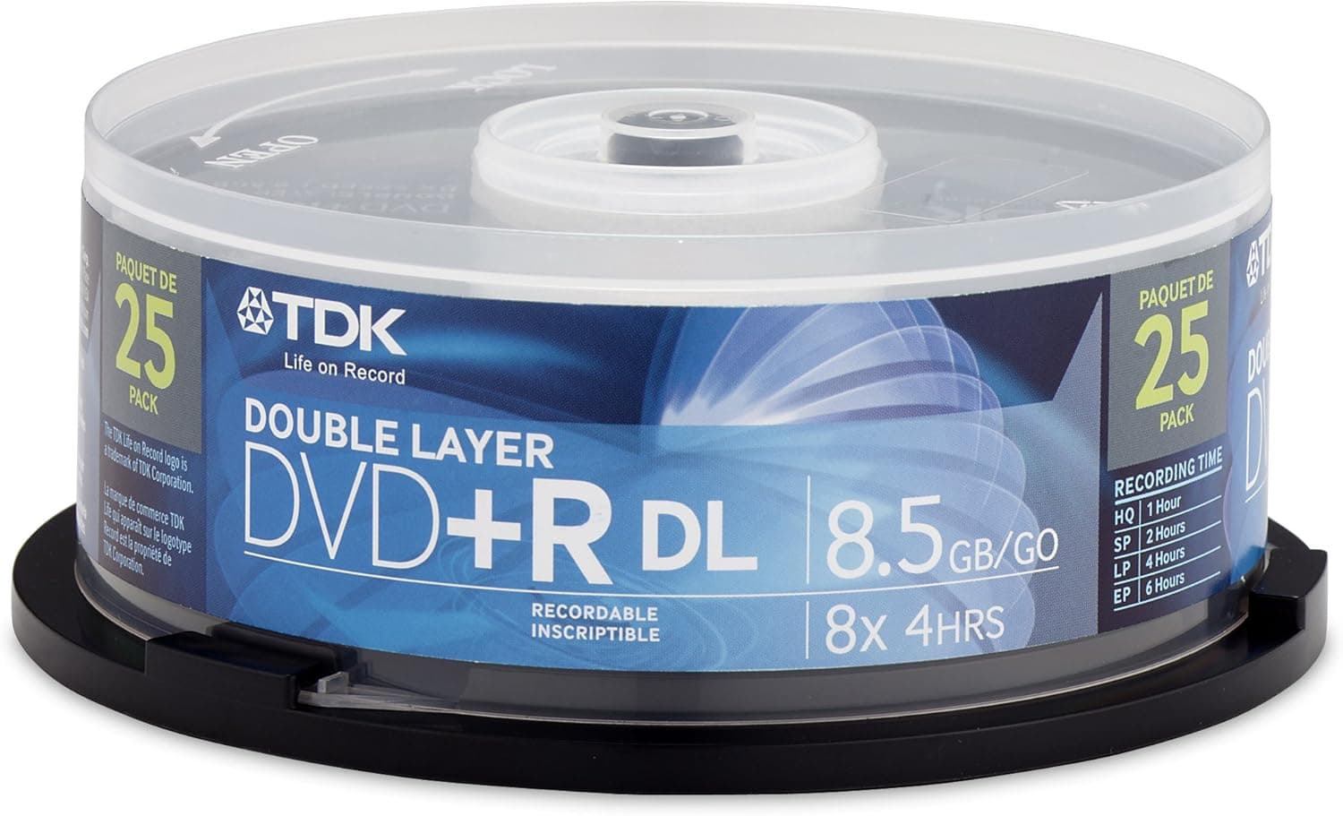 TDK Double Layer DVD+R 25 Pack Discs with 8.5 GB of Data, 8x Recording Speed, and 4 Hours of Video in Cakebox