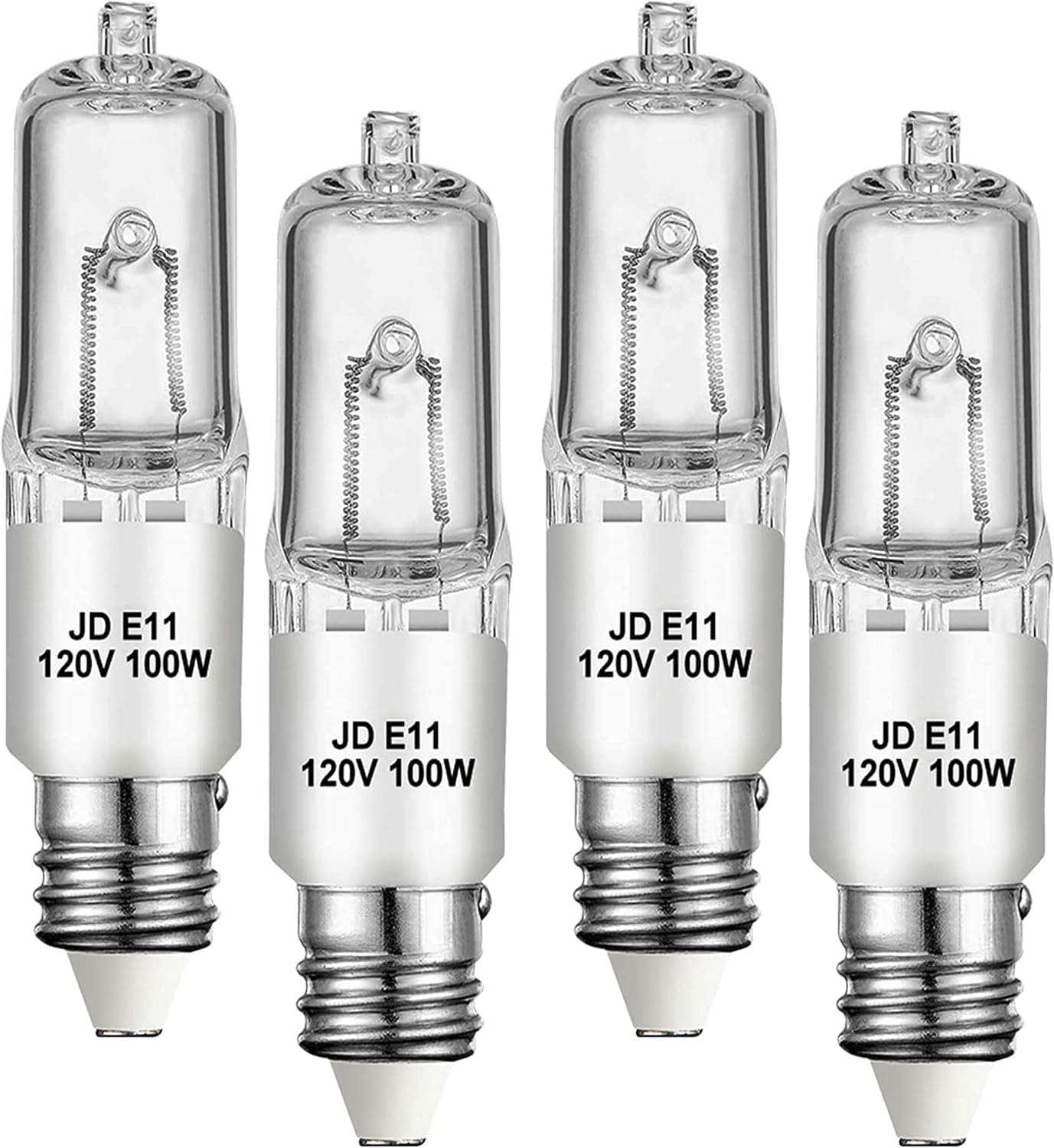 4 Pack JDE11 Bulb,120V 100W Halogen Light Bulbs,T4 Mini Base JD E11 Bulb ,Dimmable 2700K Warm White(Replacement E11 LED bulb),for Chandeliers,Candelabra,Ceiling Fan, Table Lamps, Cabinet Lighting